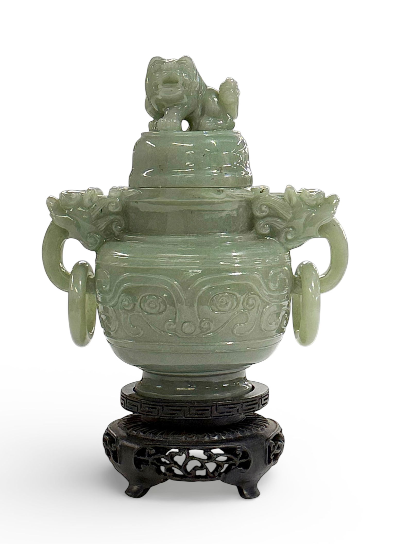 Vintage Carved Chinese Censer w/ Dragon Handles.: There is a carved foo dog on the lid. The piece looks to be in good overall condition. It sits atop an intricately carved wood stand. The censer itself measures 5 5/8" tall, 5" wide, and 2 7/8" deep.