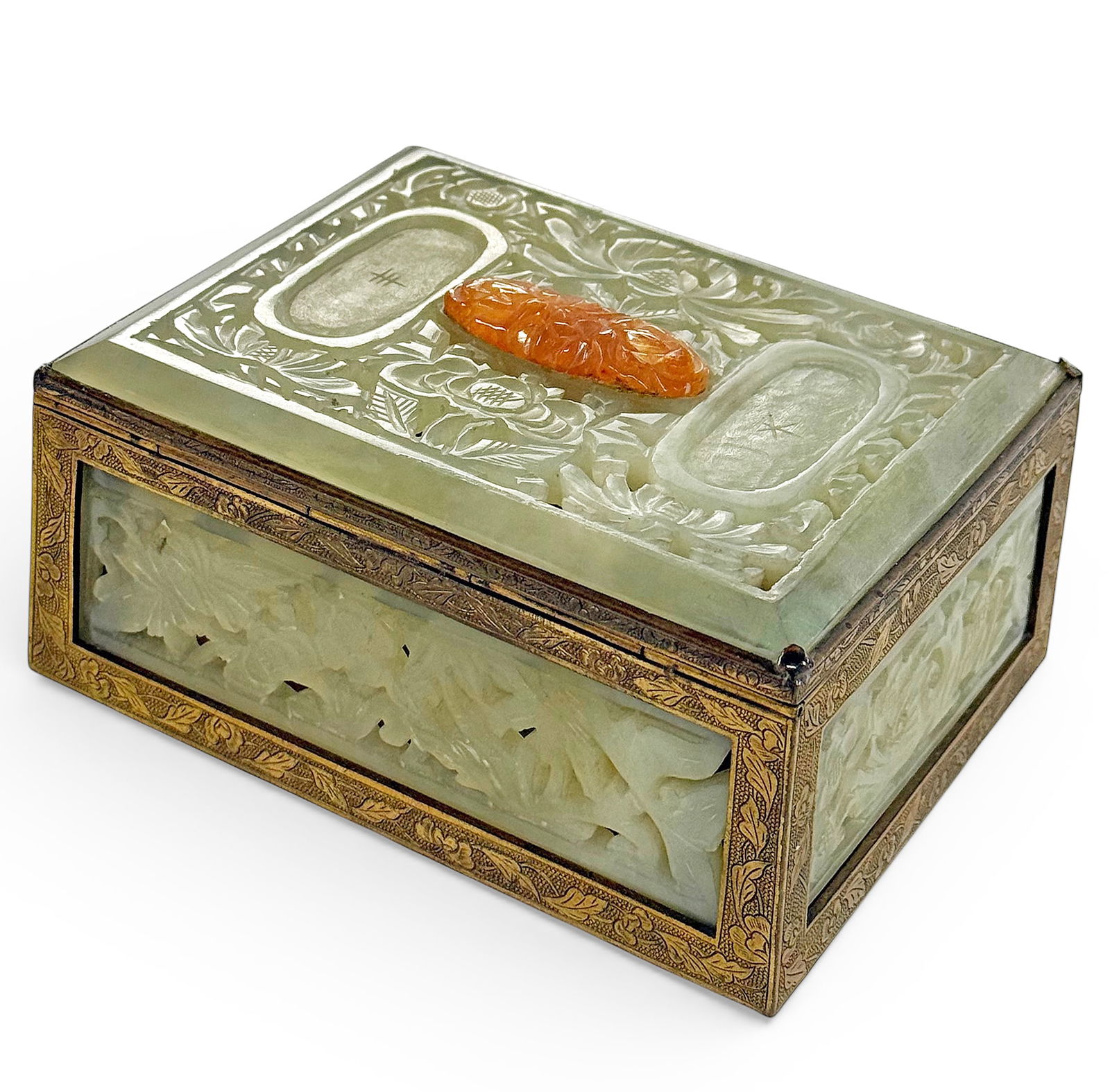 Republic Period Chinese Carved Jade & Bronze Box.: The box looks to be in good overall condition. The box measures 2 3/8" tall, 5" wide, and 4" deep. In-house shipping is available. Please see our website regarding our in-house shipping procedures.