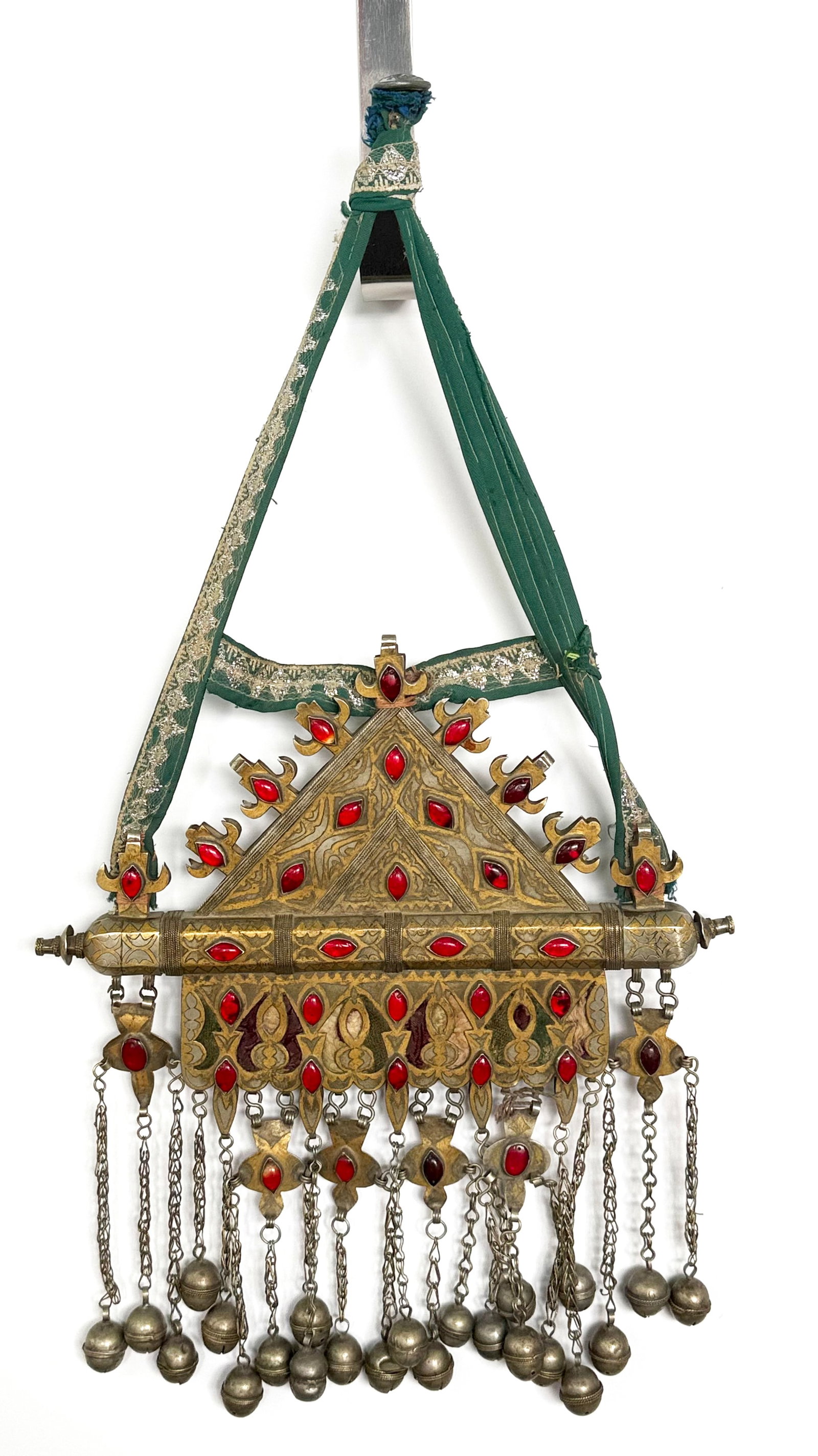 Metal & Bejewelled Turkmenistan Amulet Necklace.: It looks as though there are 4 missing red glass jewels. Otherwise, the vintage necklace looks to be in good overall condition. The metal portion measures 13" long, 11 5/8" wide, and 1" thick.