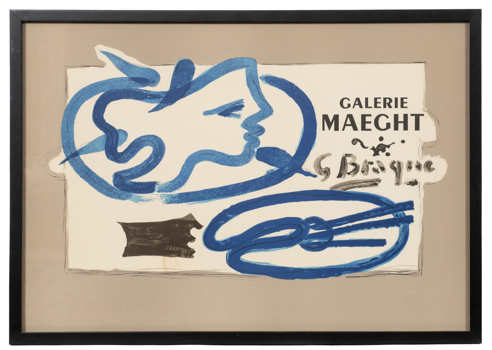 Braque Exhibition Poster for Galerie Maeght: Georges Braque lithographic poster for Galerie Maeght. Paperwork/Provenance: N/A Condition: Discoloration below the black detail, lower left. A few scuffs and scratches to the poster. Measurement(s):