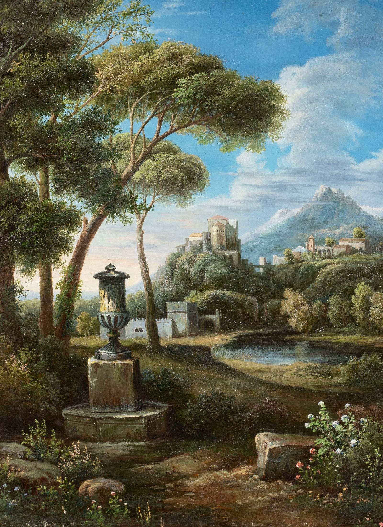 Fantasy Style Landscape with Castle, Unsigned.: Artist(s): Unknown, 20th century. Medium: Oil painting on panel. Signature(s): Unsigned. Paperwork/Provenance: N/A Condition: Some signs of surface grime. Scratches to the frame. Measurement(s): 16" x