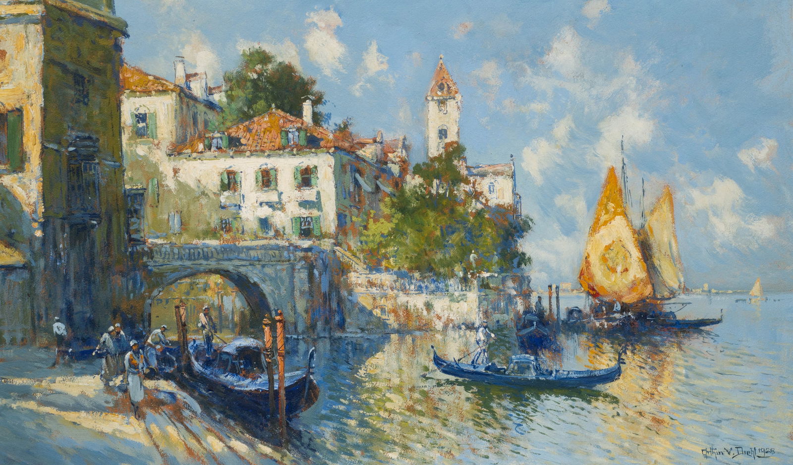 Painting of Venice Backwater, Arthur Diehl.: Artist(s): Arthur V. Diehl (English, 1870-1929). Medium: Oil painting on board. Signature(s): "Arthur V. Diehl, 1928", lower right. Paperwork/Provenance: N/A Condition: Minor craquelure to the areas o