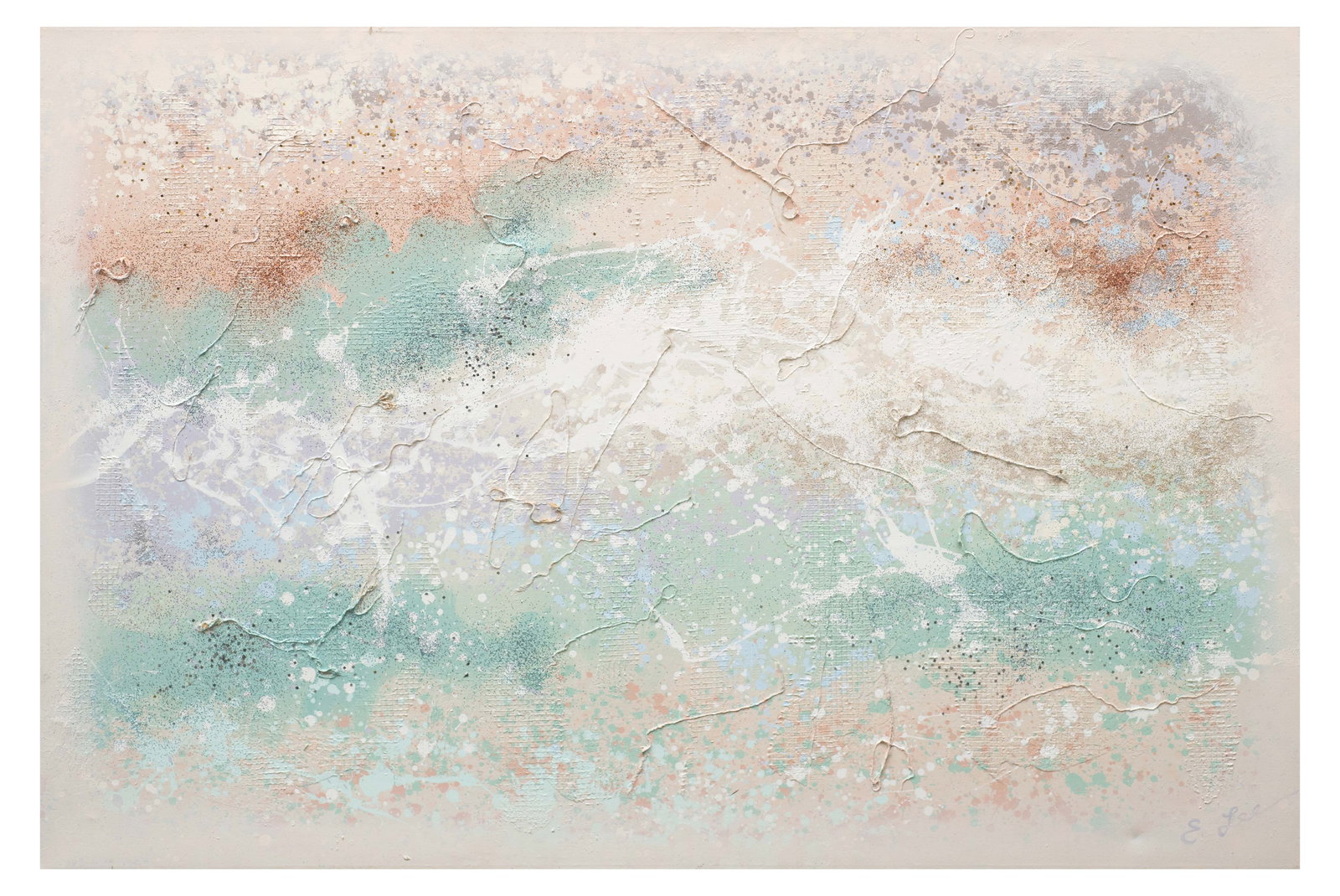 Lg. Contemporary Abstract Painting, E. Lee.: Artist(s): E. Lee (20th/21st Century). Medium: Mixed-media painting on canvas Signature(s): Lower right. Paperwork/Provenance: N/A Condition: Unframed, with signs of general wear and discoloration to