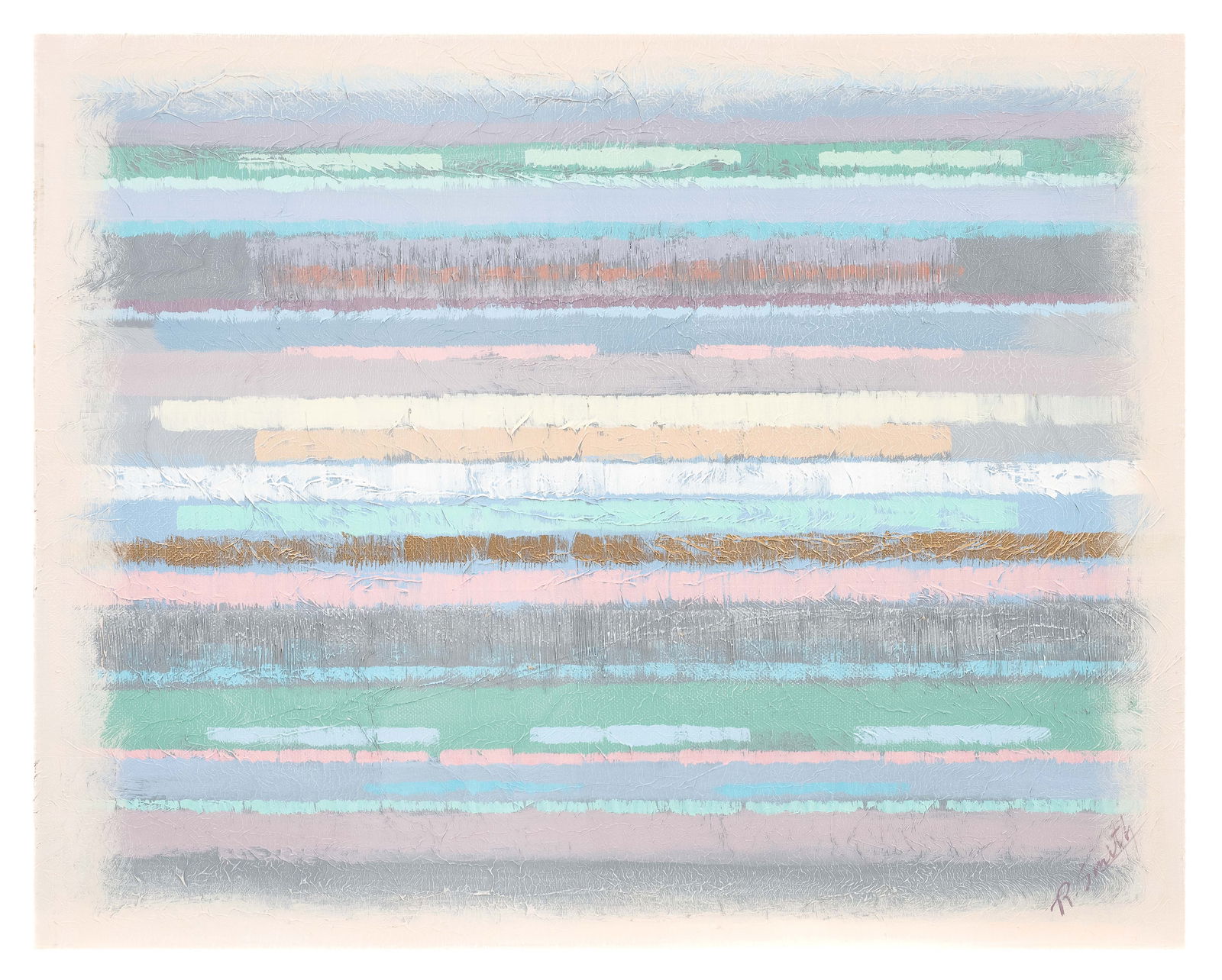 Lg. Contemporary Abstract Painting, R. Smith.: Artist(s): R. Smith (20th/21st Century). Medium: Mixed-media painting on canvas. Signature(s): Lower right. Paperwork/Provenance: N/A Condition: Unframed, with general wear and discoloration to its ou