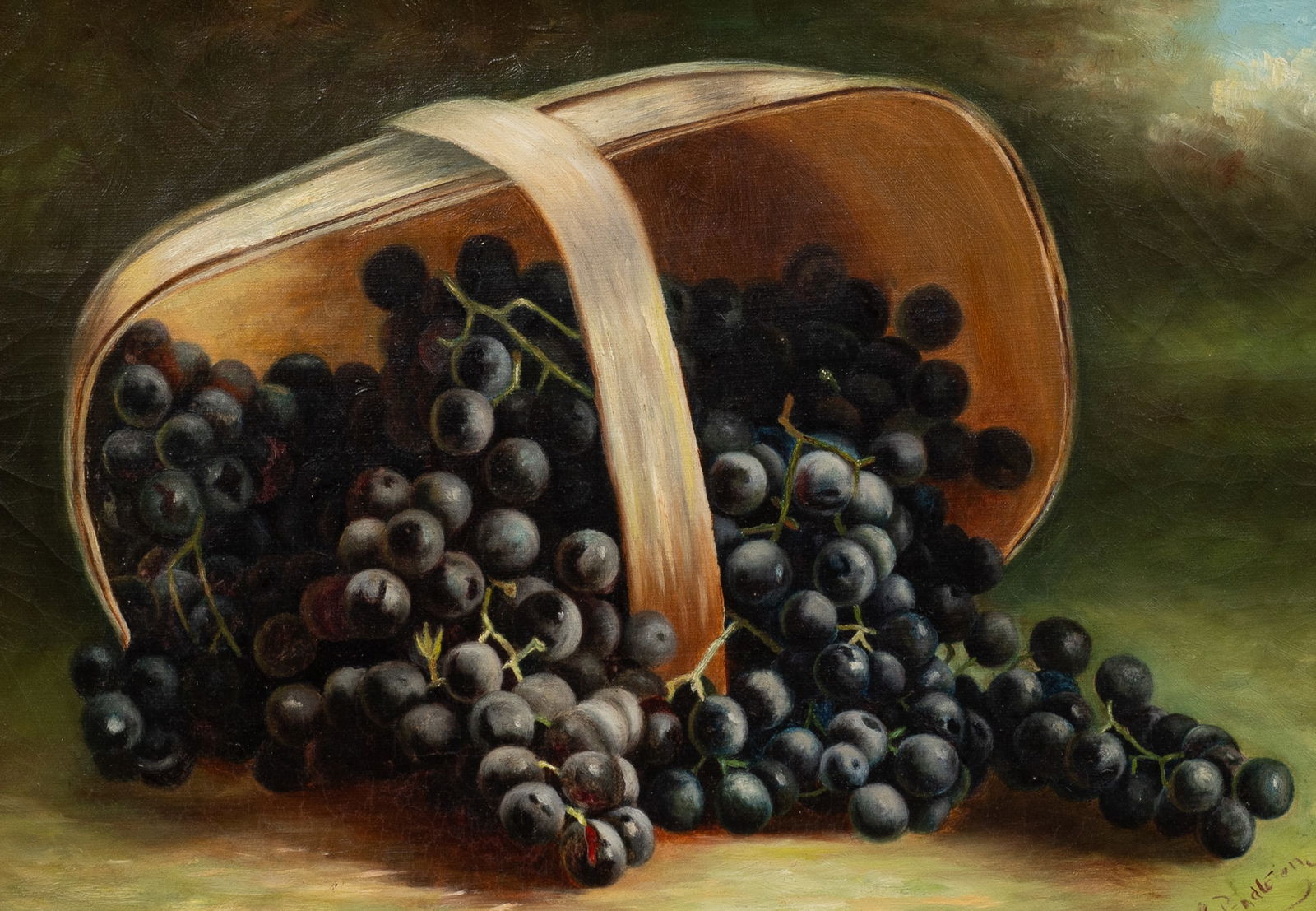 Antique Still Life of Grapes, M. Pendleton.: Artist(s): M. Pendleton (19th/20th Century). Medium: Oil painting on canvas. Signature(s): Lower right. Paperwork/Provenance: N/A Condition: Has been relined. Shows signs of craquelure. There are a fe