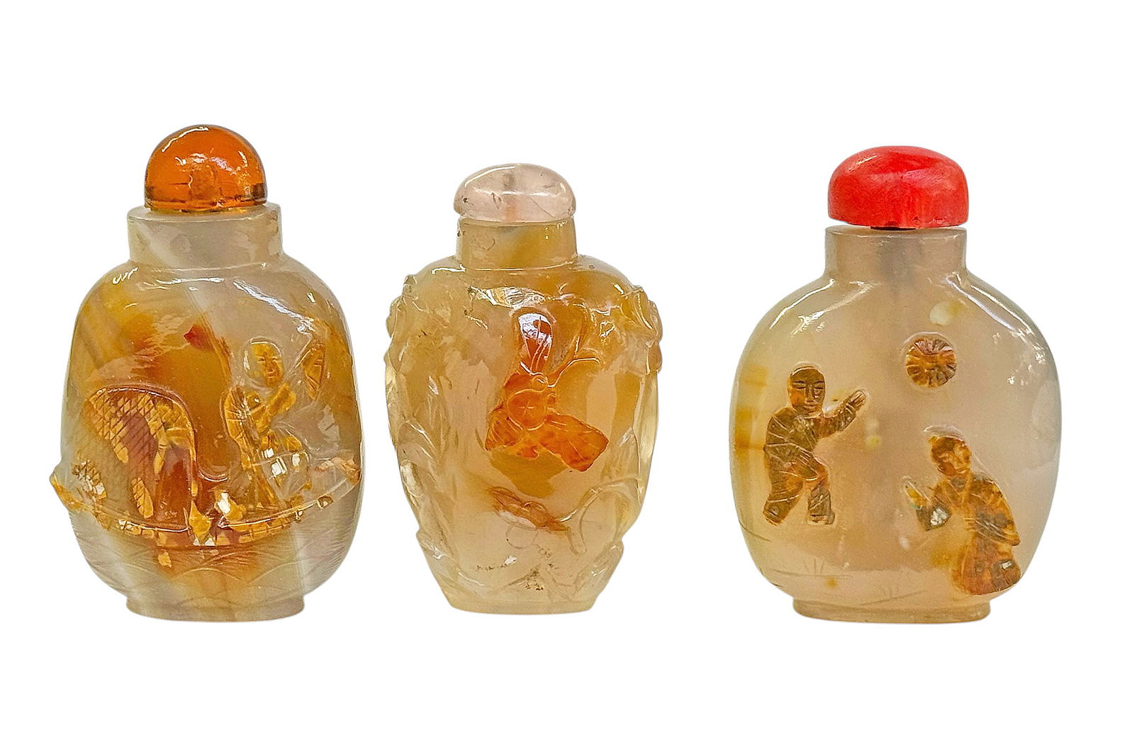 Lot of 3 Chinese Carved Agate Snuff Bottles. (1 of 5)