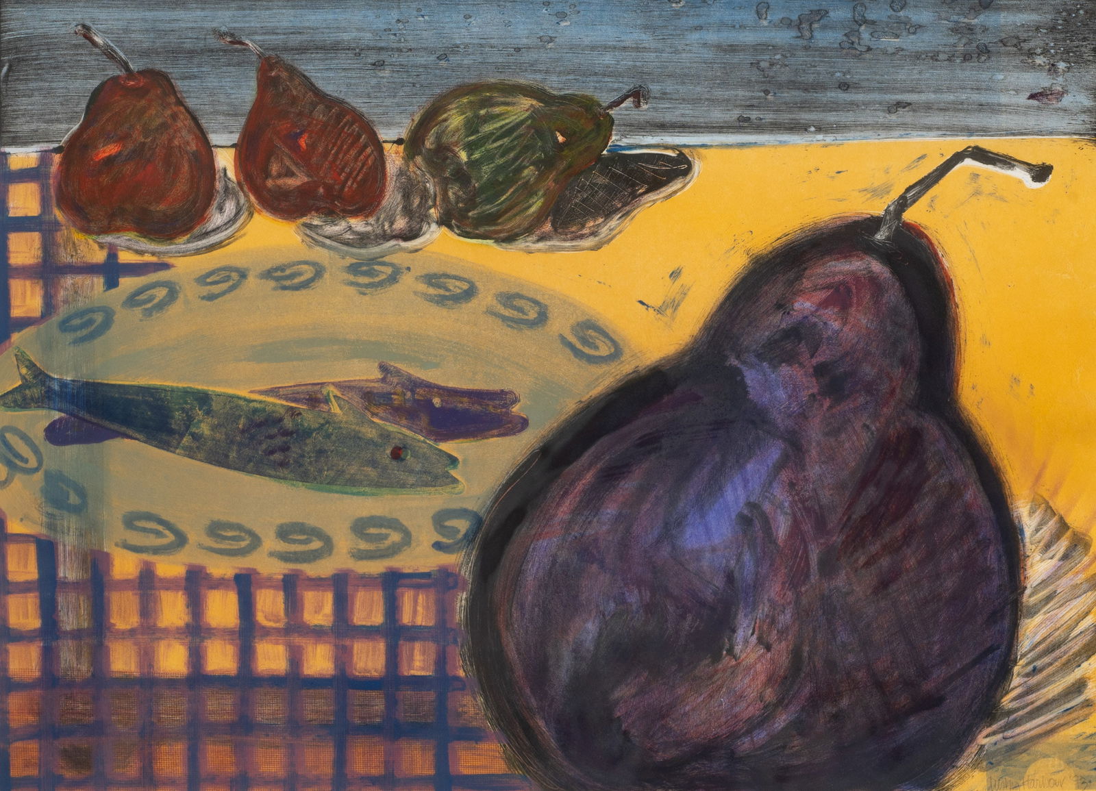 Large Still Life Lithograph, Sgd. Harbour.: Artist(s): Medium: Color lithograph. Signature(s): "... Harbour '93", lower right. Paperwork/Provenance: N/A Condition: The print shows signs of rippling. The bottom left corner of its glass has crack