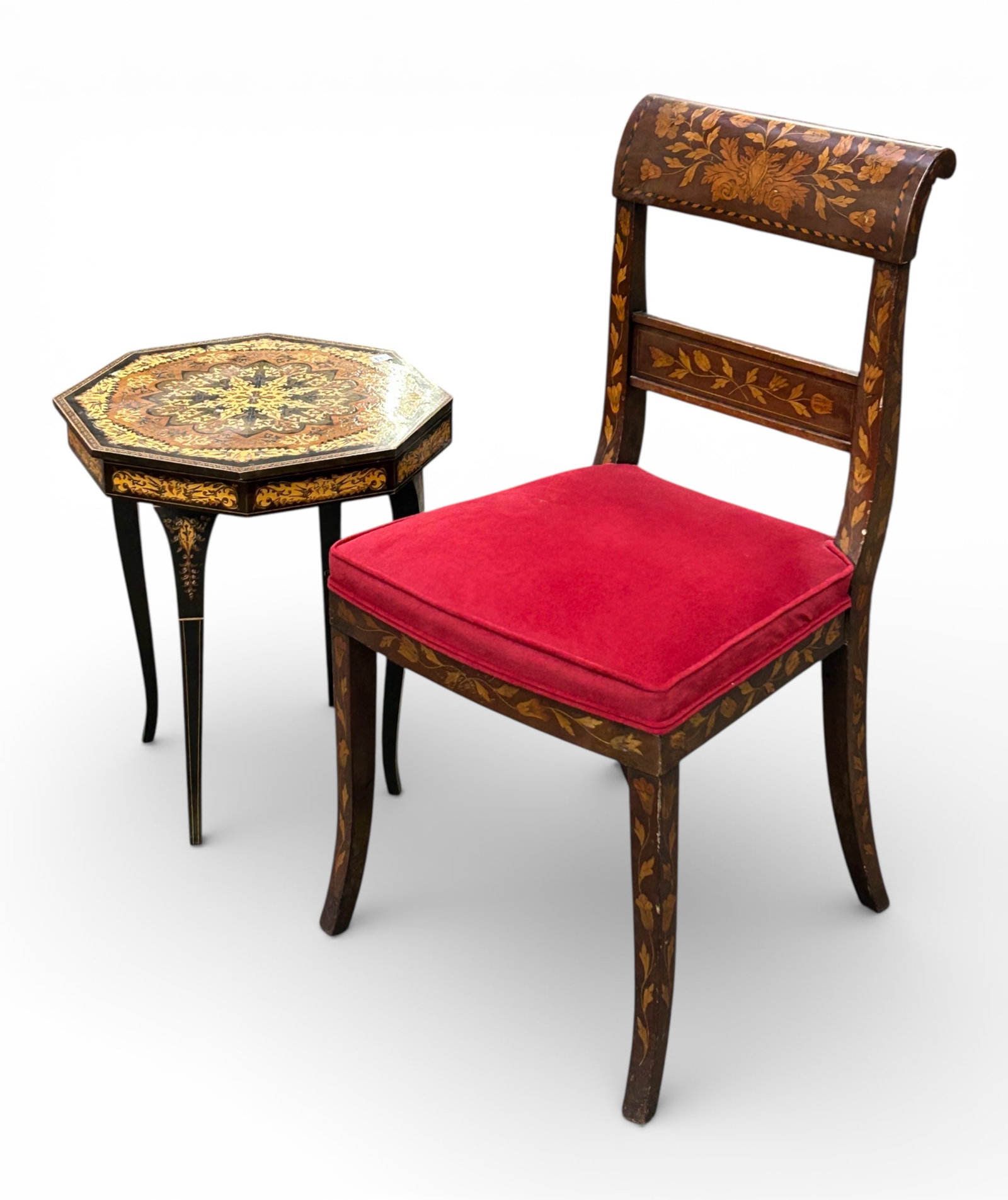 Italian Musical Side Table & Marquetry Chair.: The octagonal side table features floral inlay, and a lift top with a music box inside. The music starts when the top is lifted. That said, the lift top needs repair, and the music only plays some of