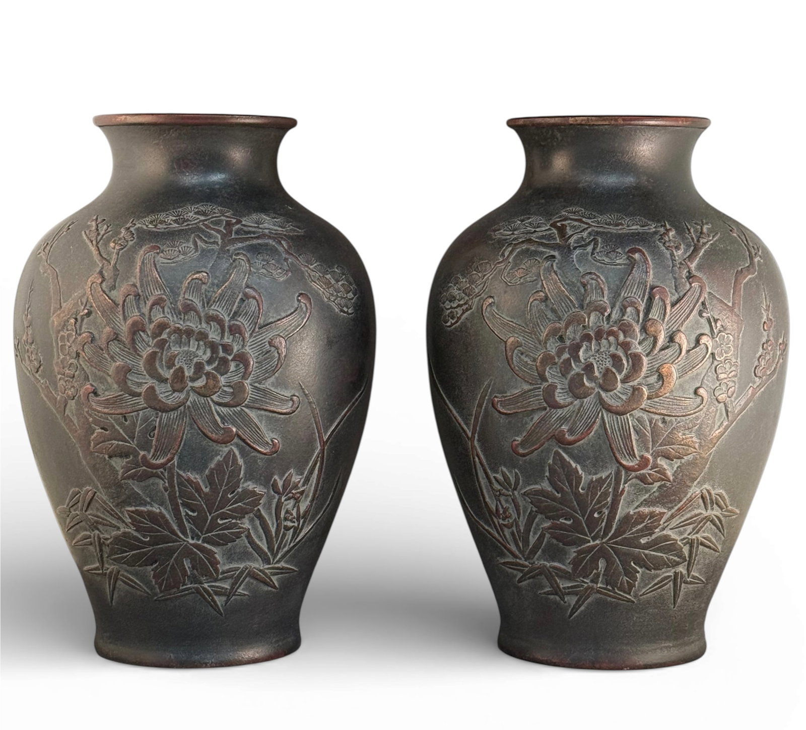 Pair of Japanese Meiji Period Bronze Vases. (1 of 4)