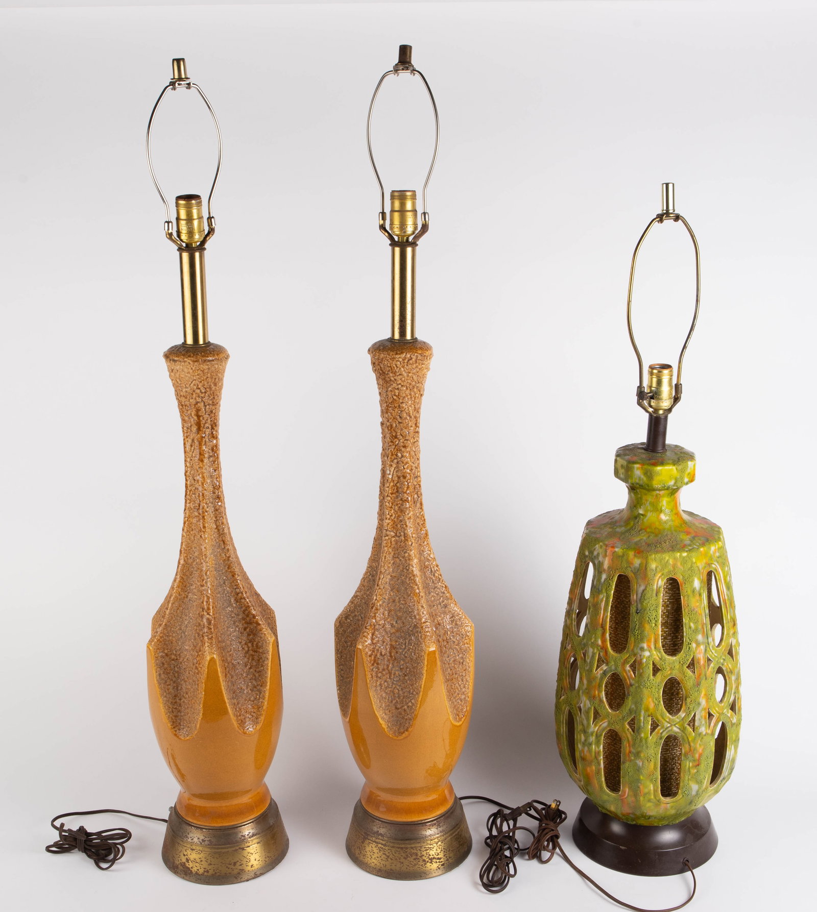 Lot of 3 Mid Century Pottery Lamps w/ Lava Glaze. (1 of 11)