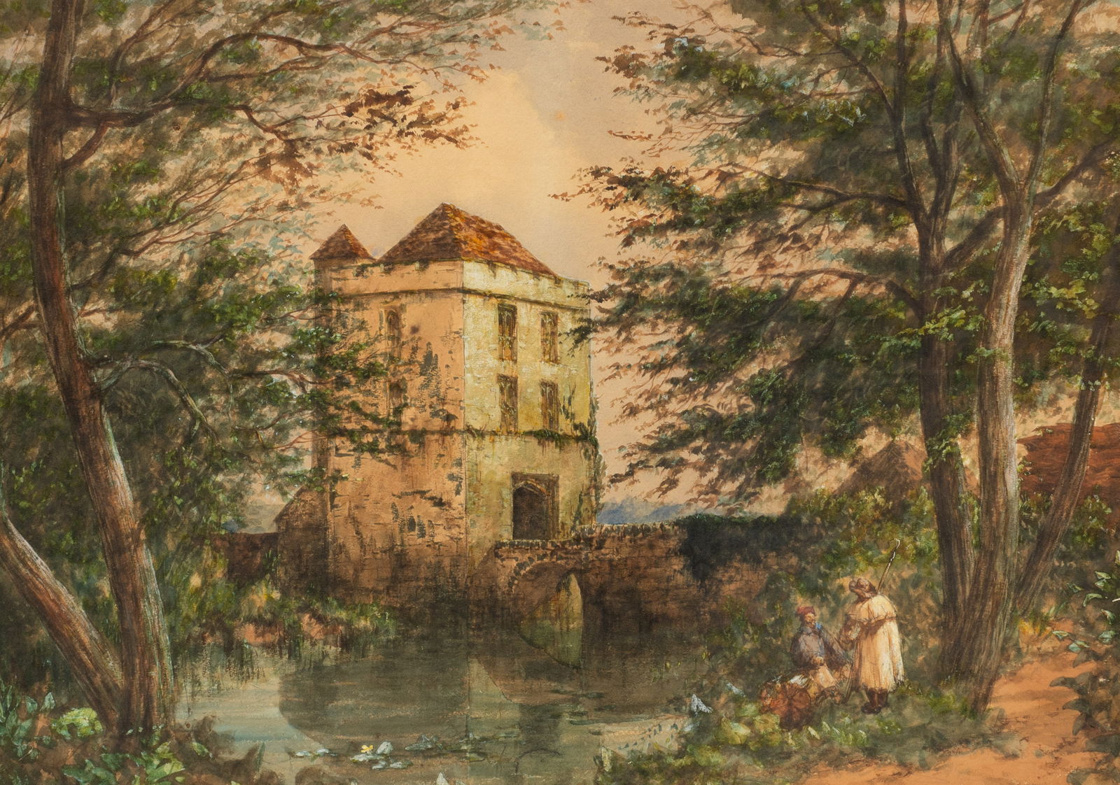 Figures Resting at Gatehouse, Attr. John Absolon.: Artist(s): Attributed to John Absolon (English, 1815-1895). Medium: Watercolor painting on paper. Signature(s): Unsigned. The work has not been inspected out if its frame. Paperwork/Provenance: N/A