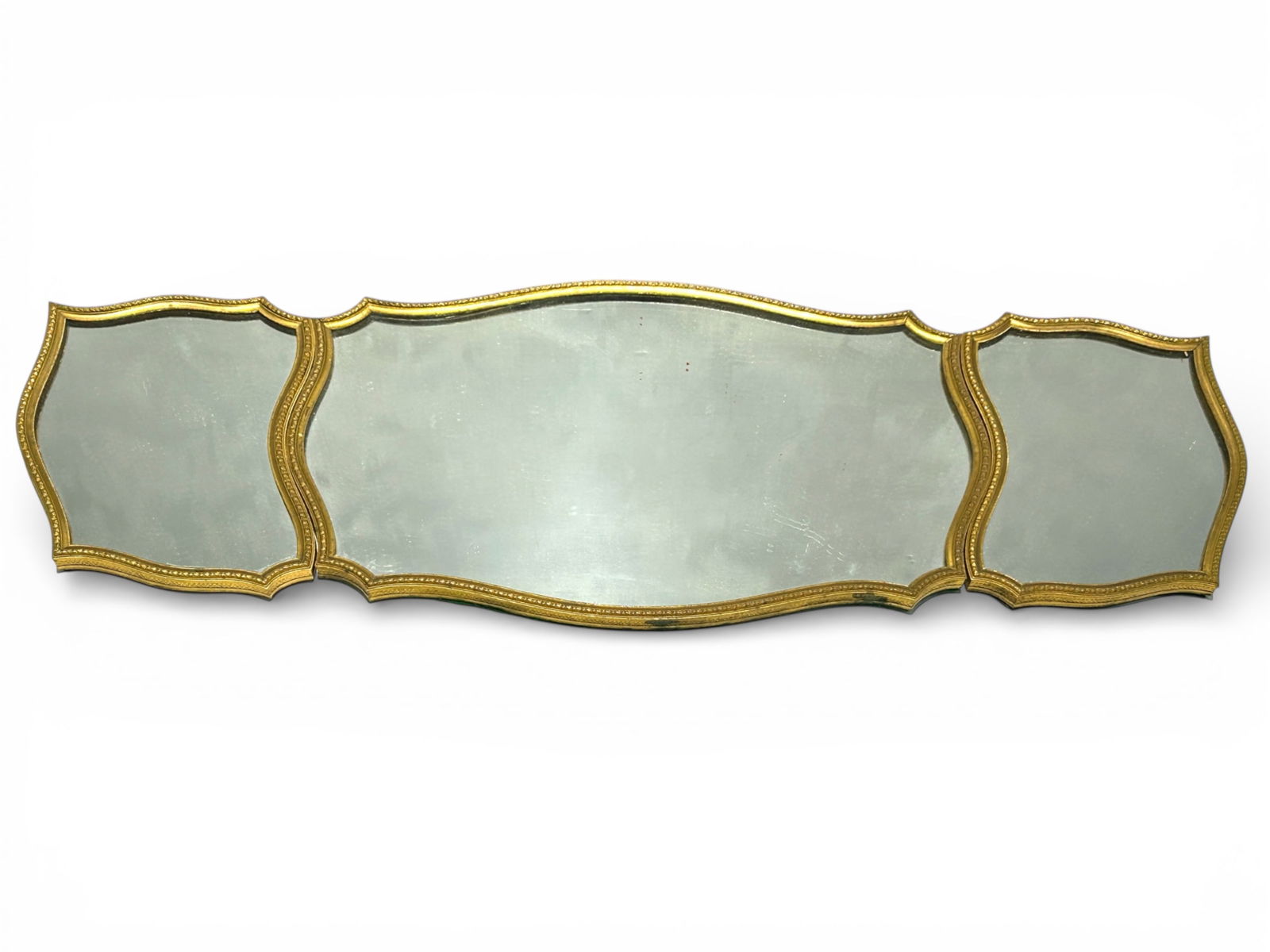 Triptych Wall or Tray Mirror Set w/ Gilded Frames.: One of the side panels has a loose frame. The mirrors have some scratches and spots, but look to be in overall good condition. The central mirror measures 12 3/8" x 19 3/8" x 5/8". The side mirrors