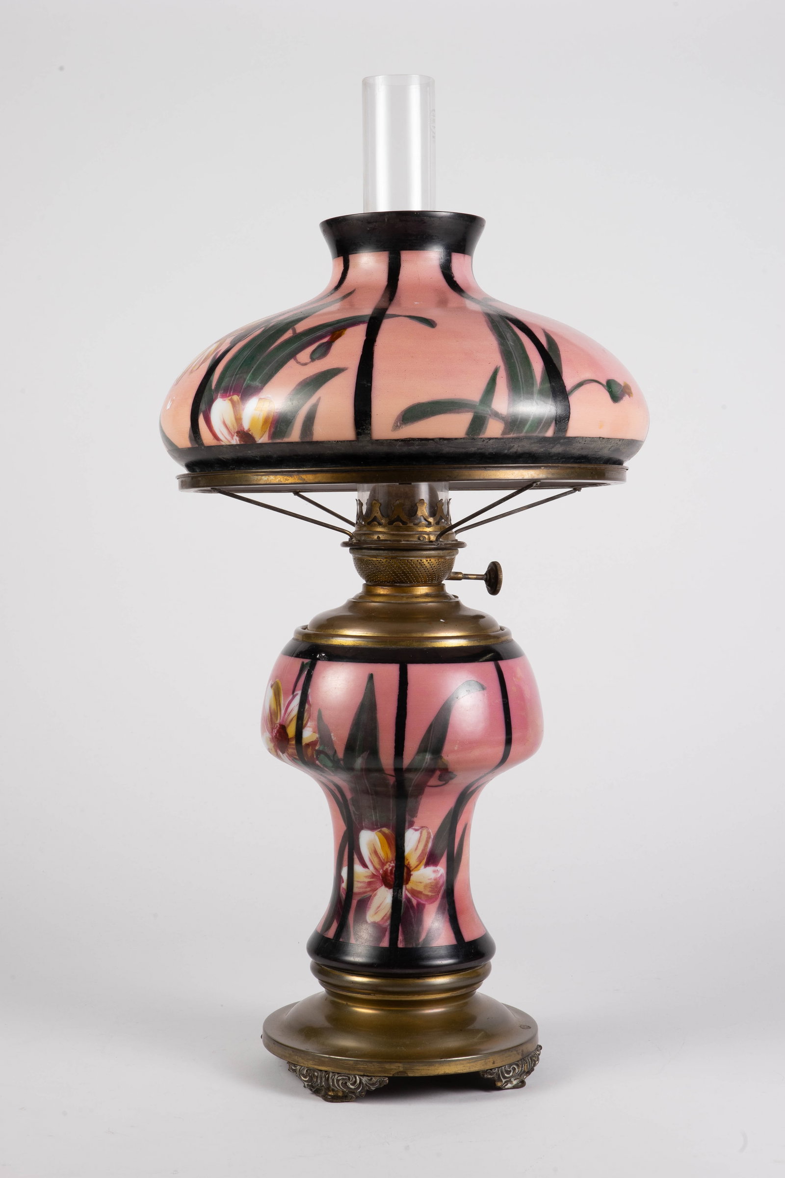 Pittsburgh Lamp Co. Kerosene Lamp w/ Painted Shade: The burner is marked, "Success P.L.B. & Co." The glass hurricane is marked, "Empire Made in U.S.A." The milk glass shade is hand painted, its artist unknown. It has some scratches and small chips