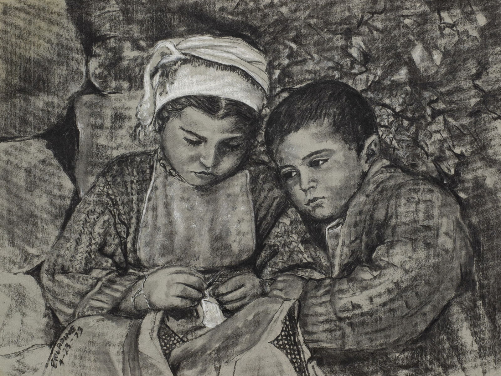 Drawing of Pensive Children, Erladine Kanavos.: Artist(s): Erladine Kanavos (American, 1939-2018). Medium: Charcoal drawing on paper. Signature(s): "Erladine, 4-23-73", lower left. Paperwork/Provenance: N/A Condition: Signs of water damage, mainly