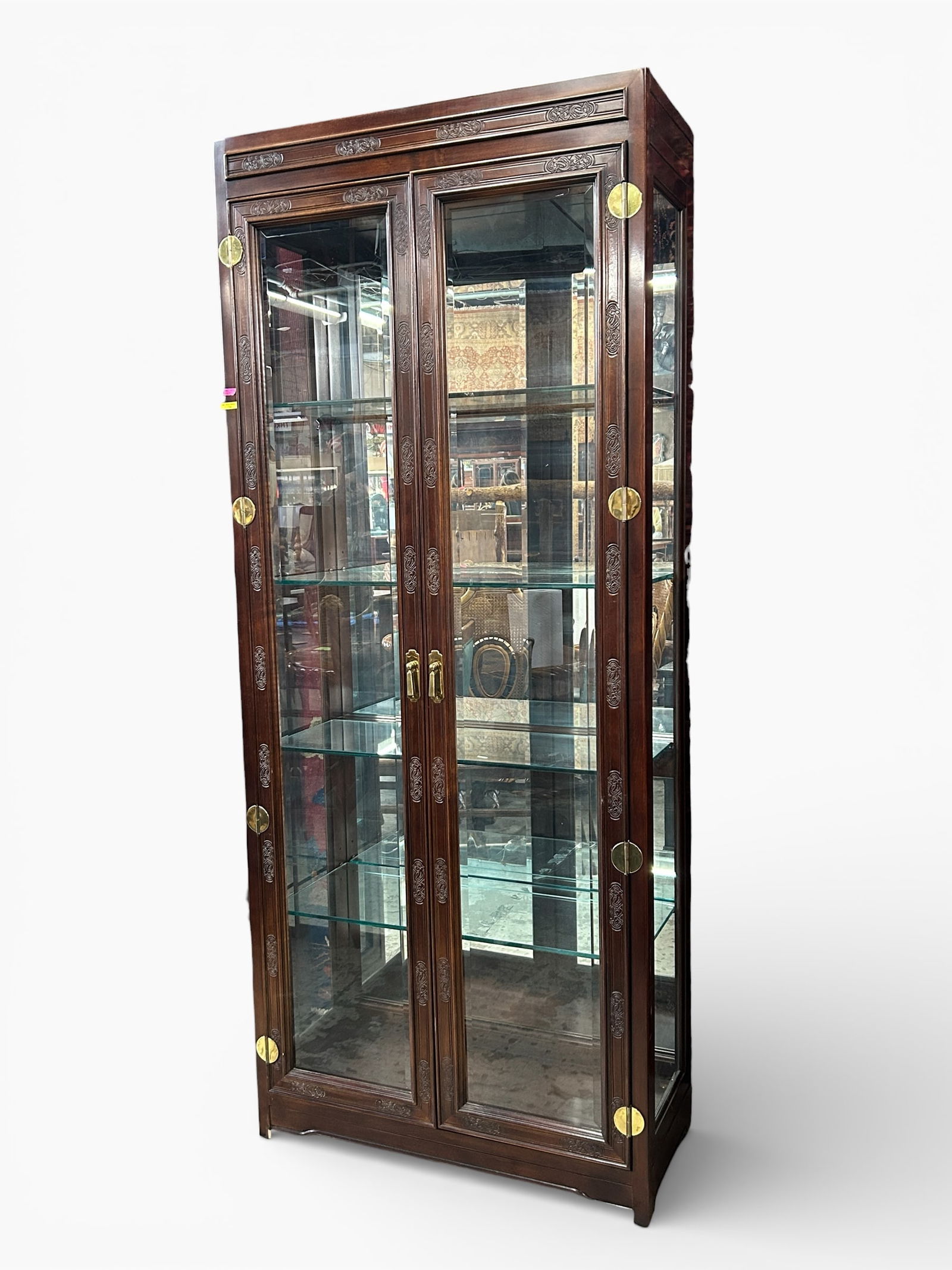 Carved Asian Motif Curio Cabinet. (1 of 5)