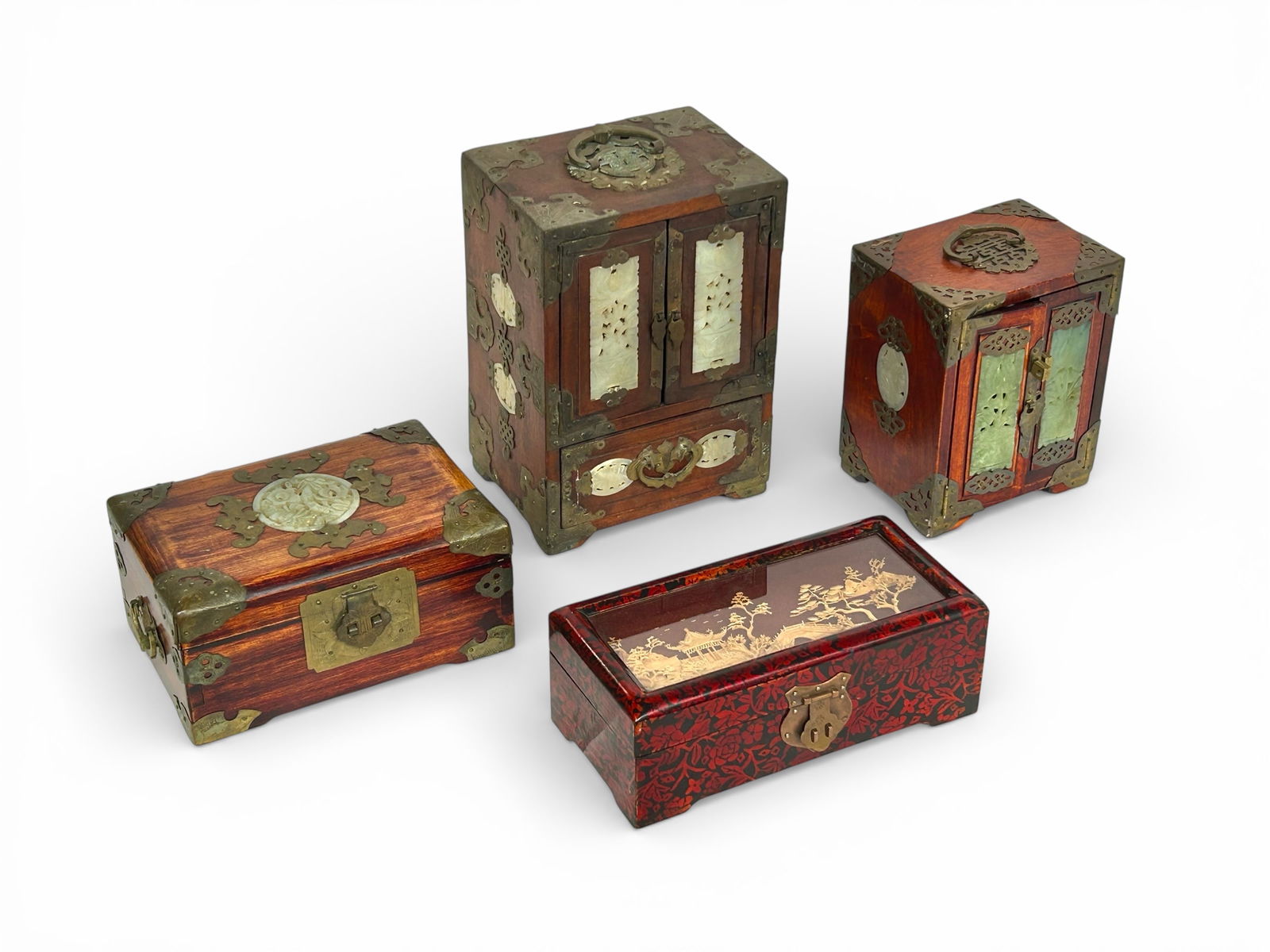 Lot 4 Chinese Jewelry Boxes inc. Carved Jade Inlay (1 of 18)