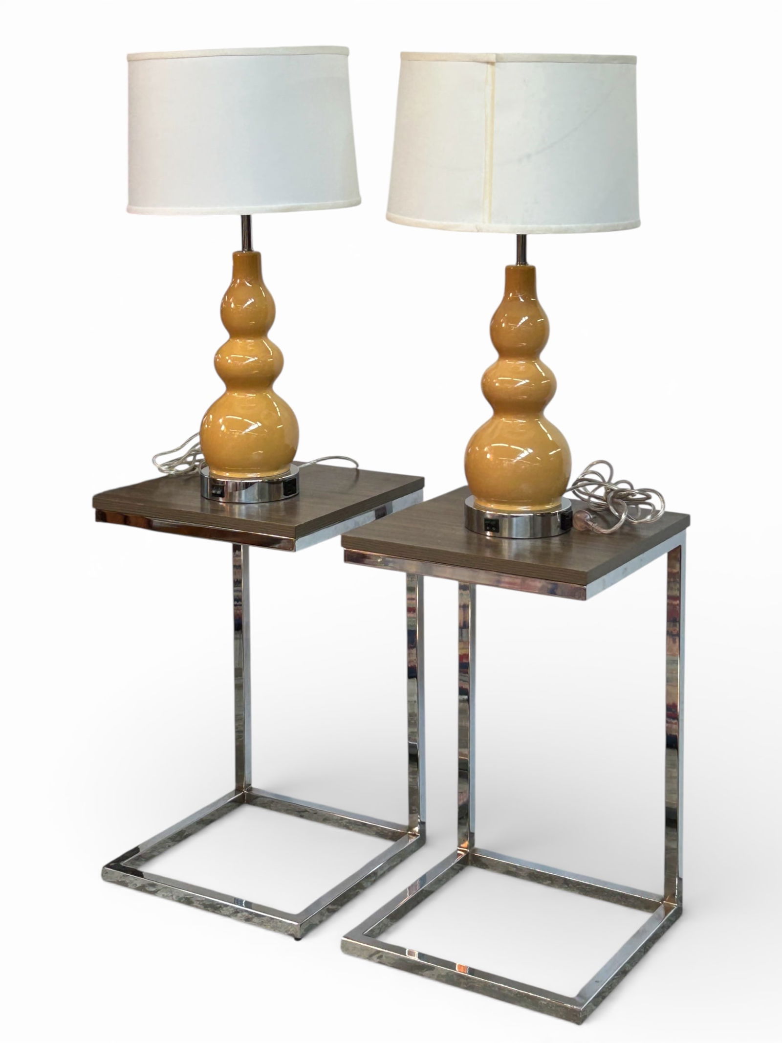 Pair of Modern Chrome C Tables & Pottery Lamps. (1 of 9)