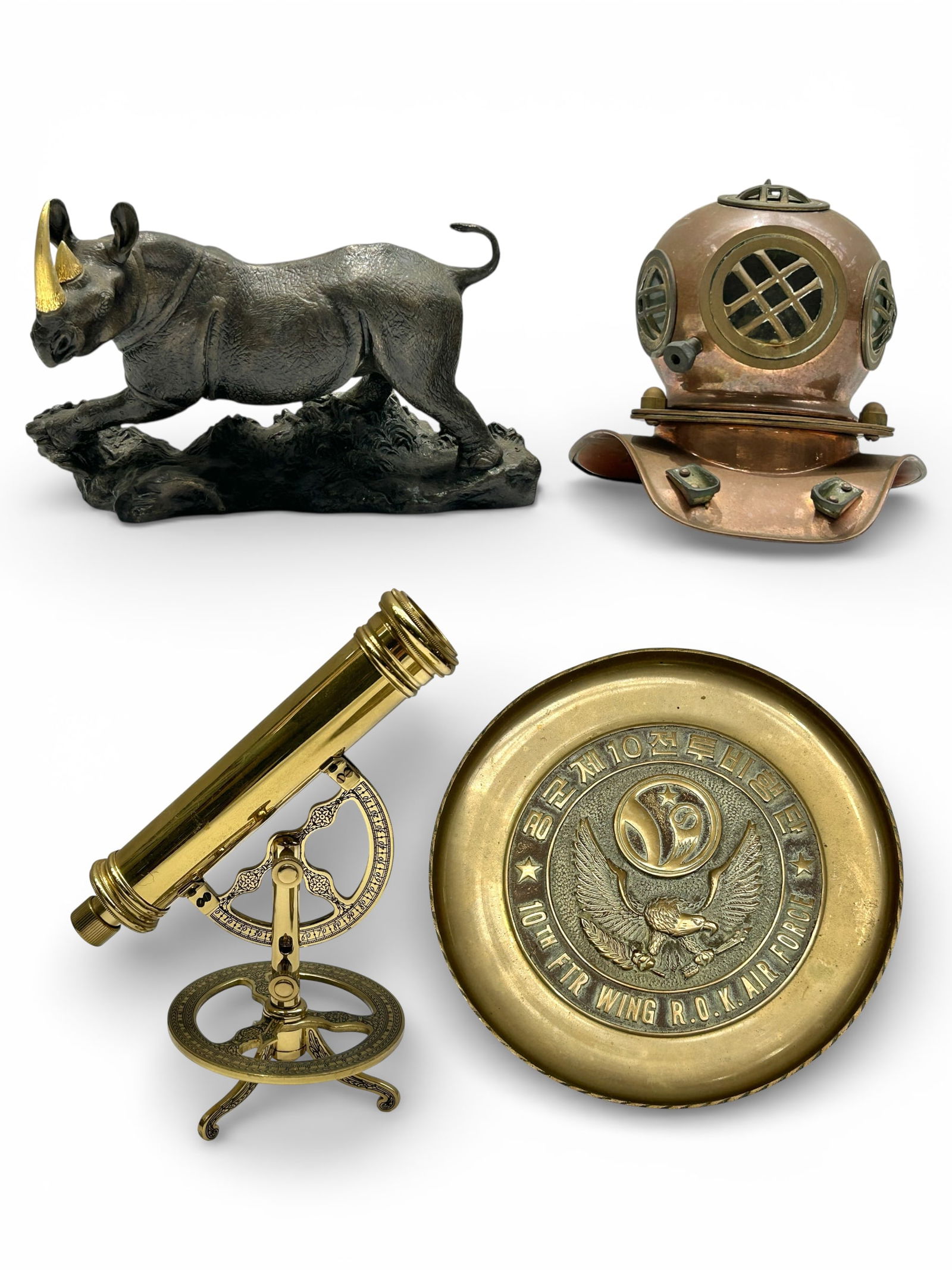4 Items - Brass Telescope, Bronze Rhino, Helmet. (1 of 17)