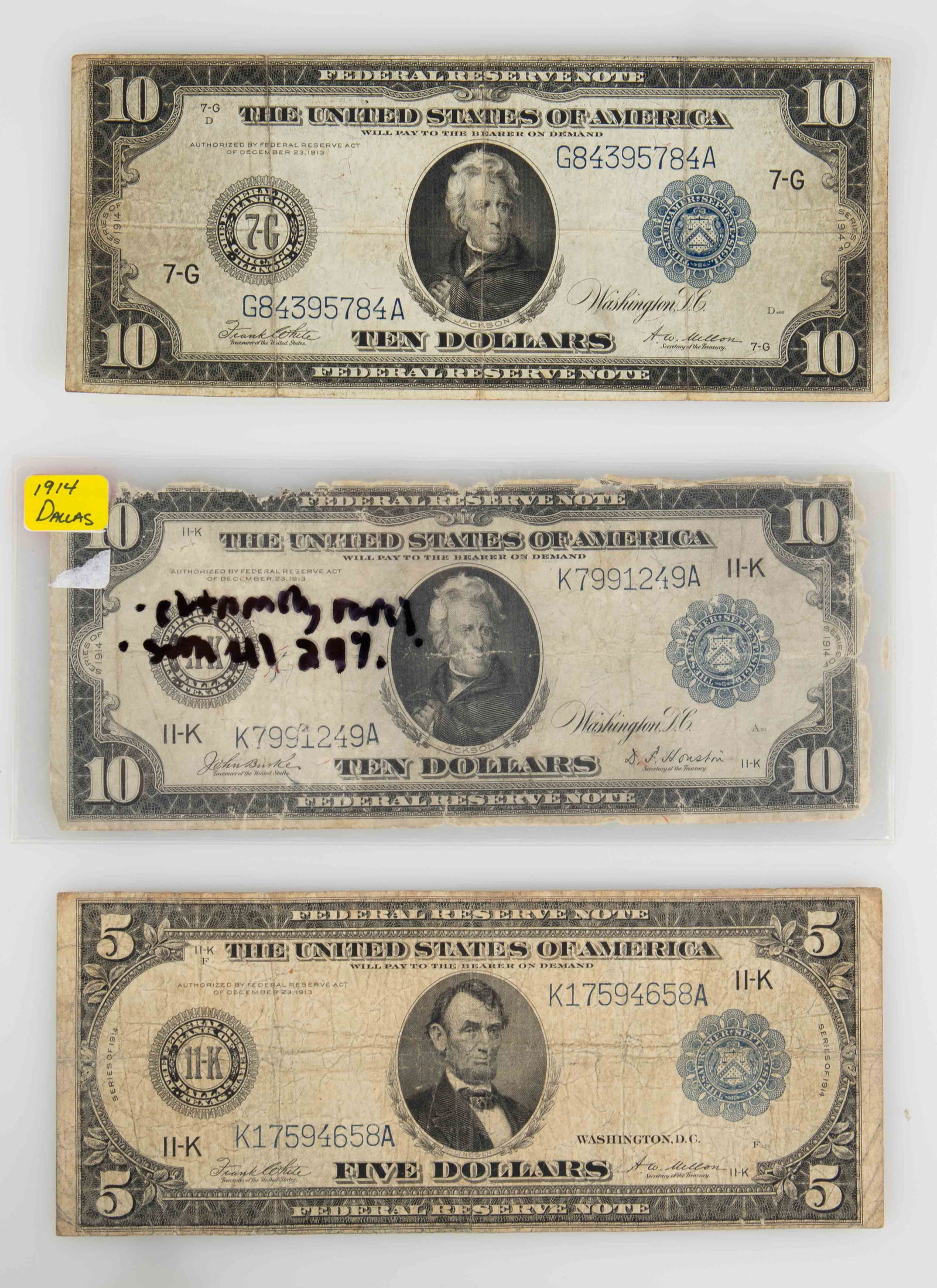 Lot: 3 Large Size 1914 Series U.S. Currency Notes (1 of 7)