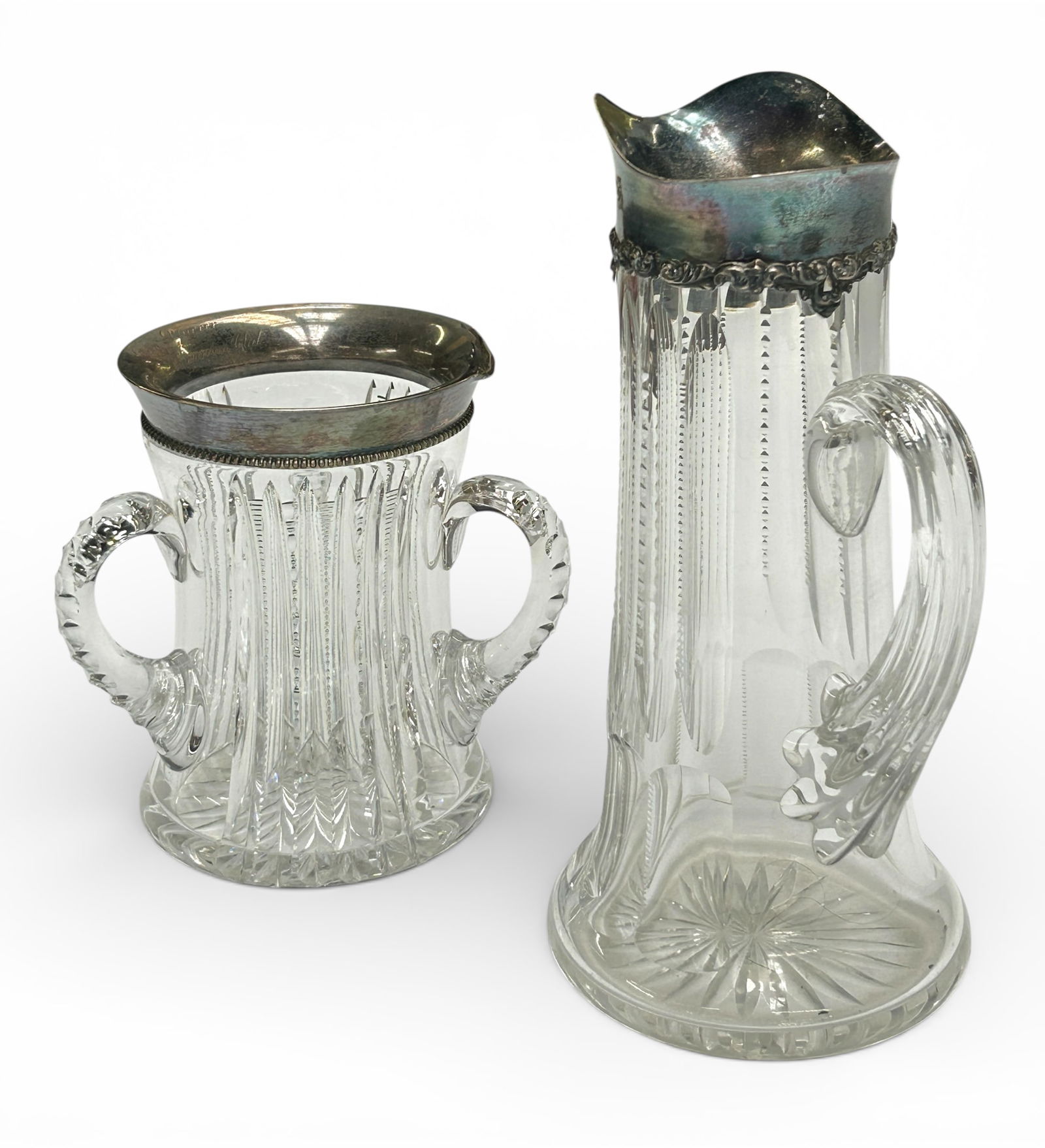 2 Cut Glass Items w/ Silver Rim - Pitcher, Loving. (1 of 9)