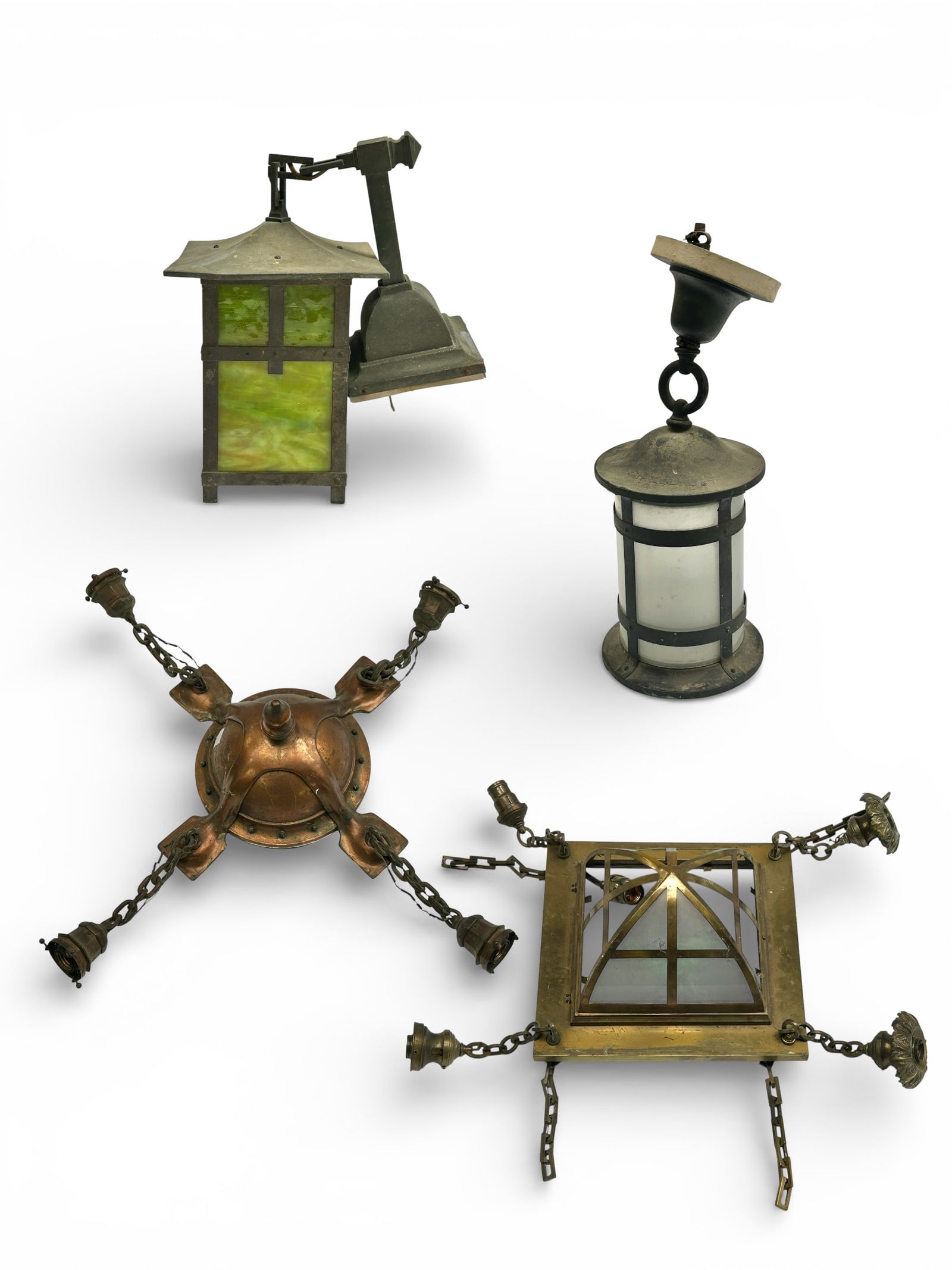 Lot of 4 Light Fixtures, Some As Is.: The two wall lanterns look to be in better condition than the two ceiling fixtures. The ceiling fixtures are missing their shades, and one of them is missing three of its four central glass panels.