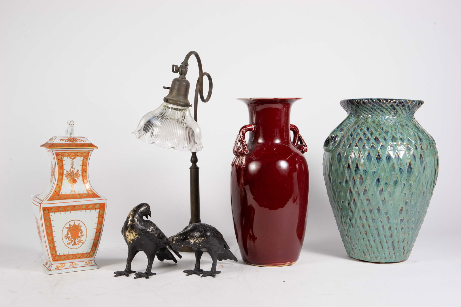 Lot: Cast Iron Birds, Vases, Chinoiserie Urn. (1 of 11)
