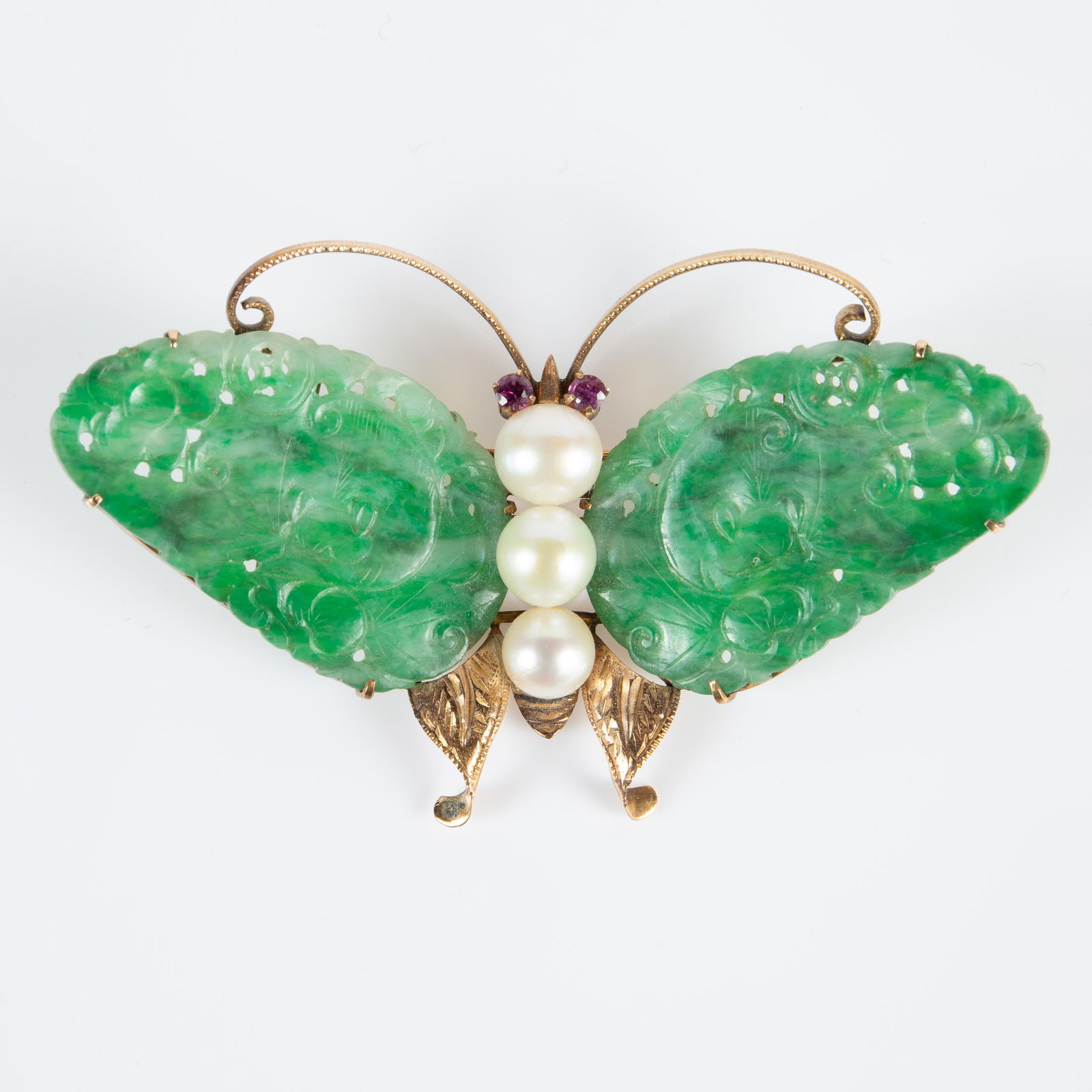 14K Gold Carved Jadeite Pearl Butterfly Brooch. (1 of 5)