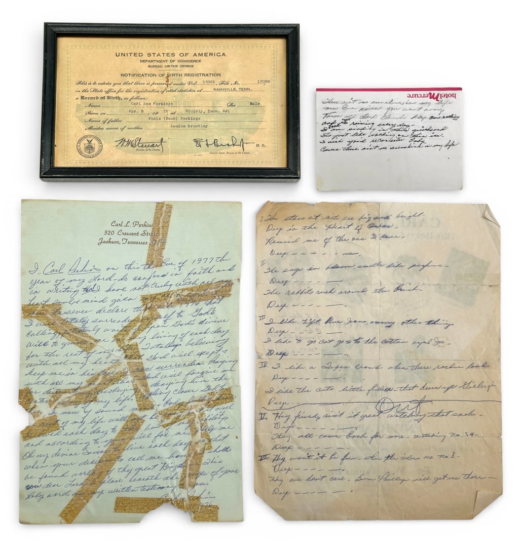 Carl Perkins Birth Certificate, Signed Letter, etc: This lot includes the following items related to country and rockabilly musician Carl Perkins (most famously known for writing "Blue Suede Shoes"): a framed birth certificate (his last name is