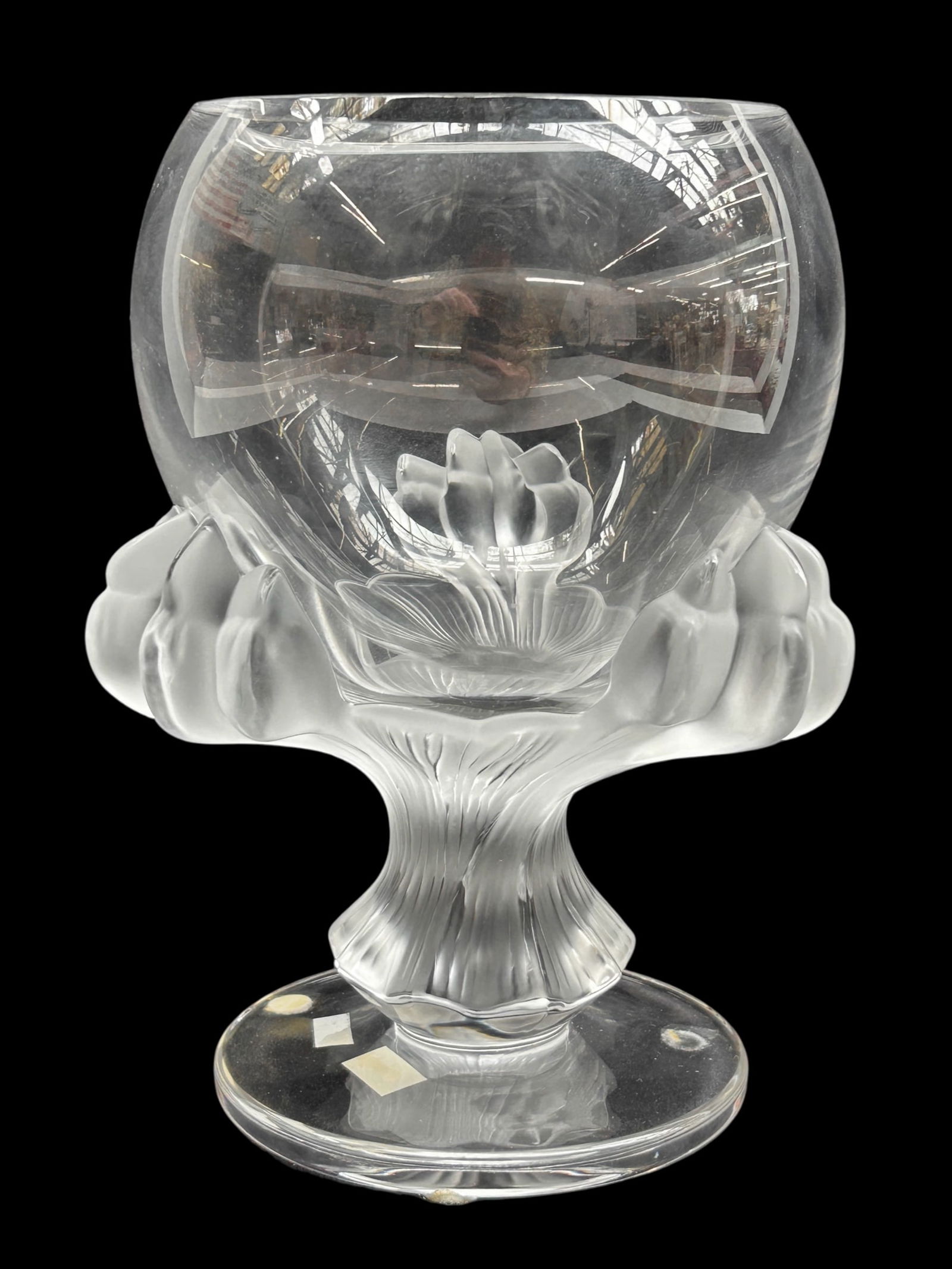 Lalique Crystal "Bagheera" Lion Paw Vase.: This frosted and clear crystal vase has a central bowl held up by three lion paws. It looks to be in very nice condition, and measures 5 3/4" x 5 3/4" x 8 5/8". In-house shipping is available. Please