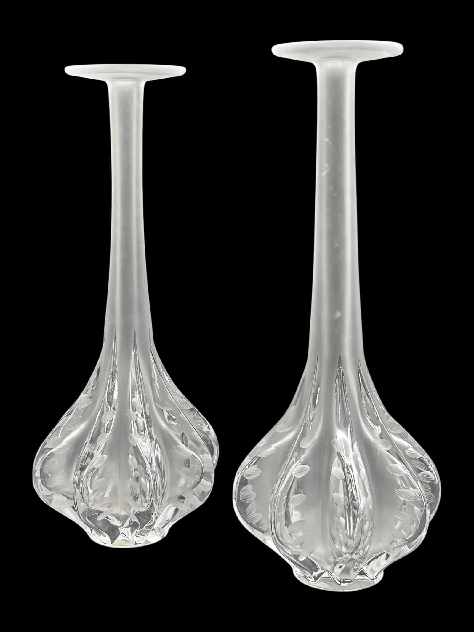 Lalique France Pair of "Claude" Frosted Vases.: This pair of solifleur vases looks to be in nice condition. There are some small signs inside from when they held flowers and water. Each vase measures 5 7/8" x 5 7/8" x 13 3/4". In-house shipping is