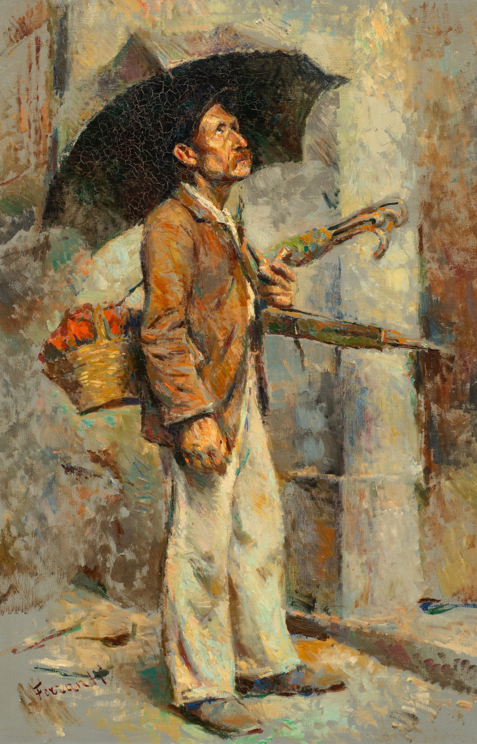 Umbrella Vendor, Painting by Carlo Ferranti.: Artist(s): Carlo Ferranti (Italian, 1840-1908). Medium: Oil on canvas. Signature(s): Lower left. Paperwork/Provenance: N/A Condition: Signs of craquelure, as well as a dent in the lower left corner. M