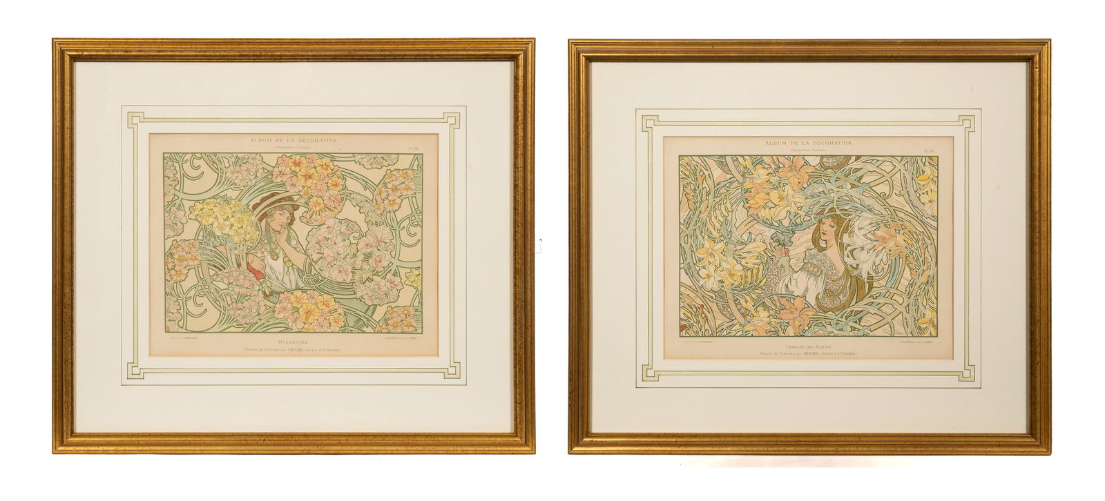 Alphonse Mucha, Pl. From Album de la Decoration.: This lot contains two lithographic plates from the Second Edition of A. Calavas's Album de la Decoration: Langage des Fleurs (Plate 35) and Byzantine (Plate 46). Images after Alphonse Mucha (Czech, 18