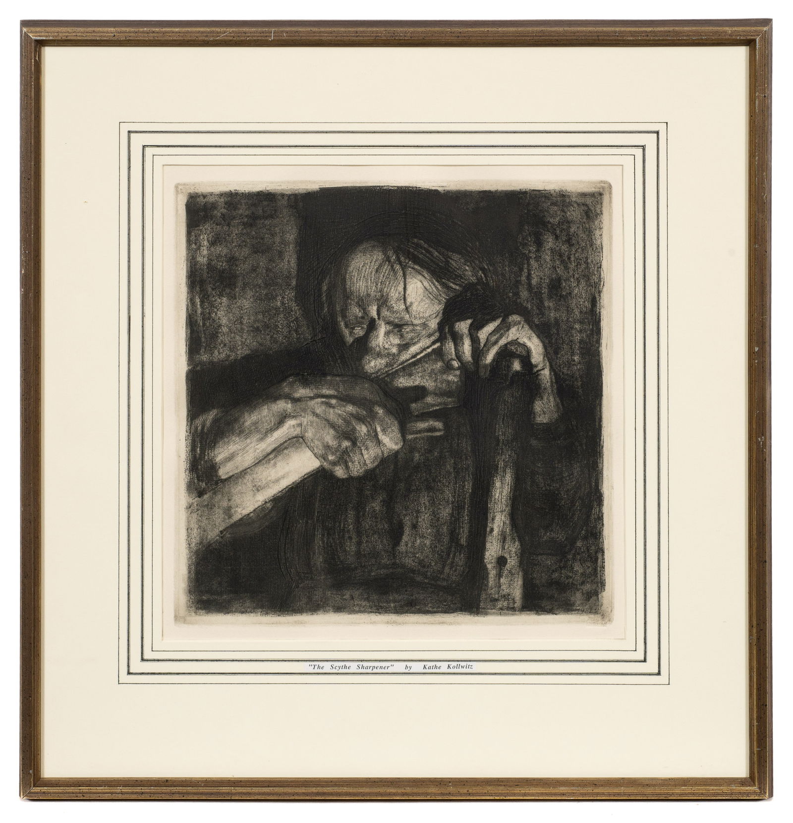 Sharpening the Scythe, Kathe Kollwitz Etching.: Artist(s): Kathe Kollwitz (German, 1867-1945), "Beim Dengeln (Sharpening the Scythe)" Medium: Etching with aquatint. Signature(s): Unsigned. Alexander von der Becke blindstamp lower right "A.V.D. Beck