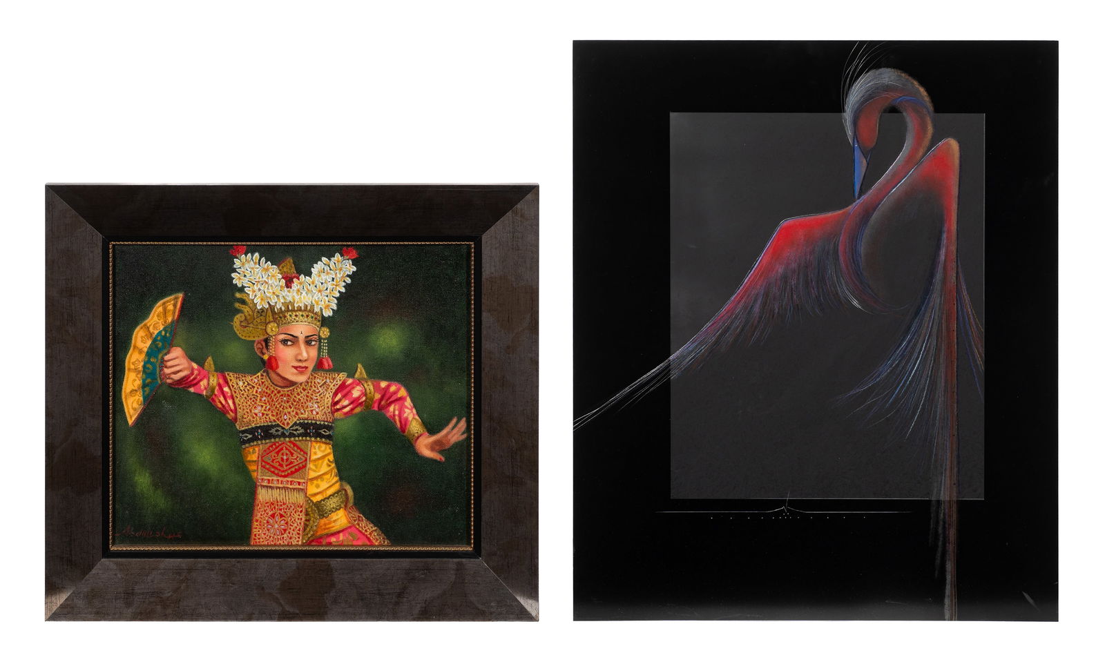 Two Piece Lot of Artwork - Both Signed.: This lot contains two works of art: "Love Song", a 2013 mixed-media piece, signed "V", as well as a decorative painting of a Balinese dancer, signed "Abdulla..." Paperwork/Provenance: N/A Condition: B