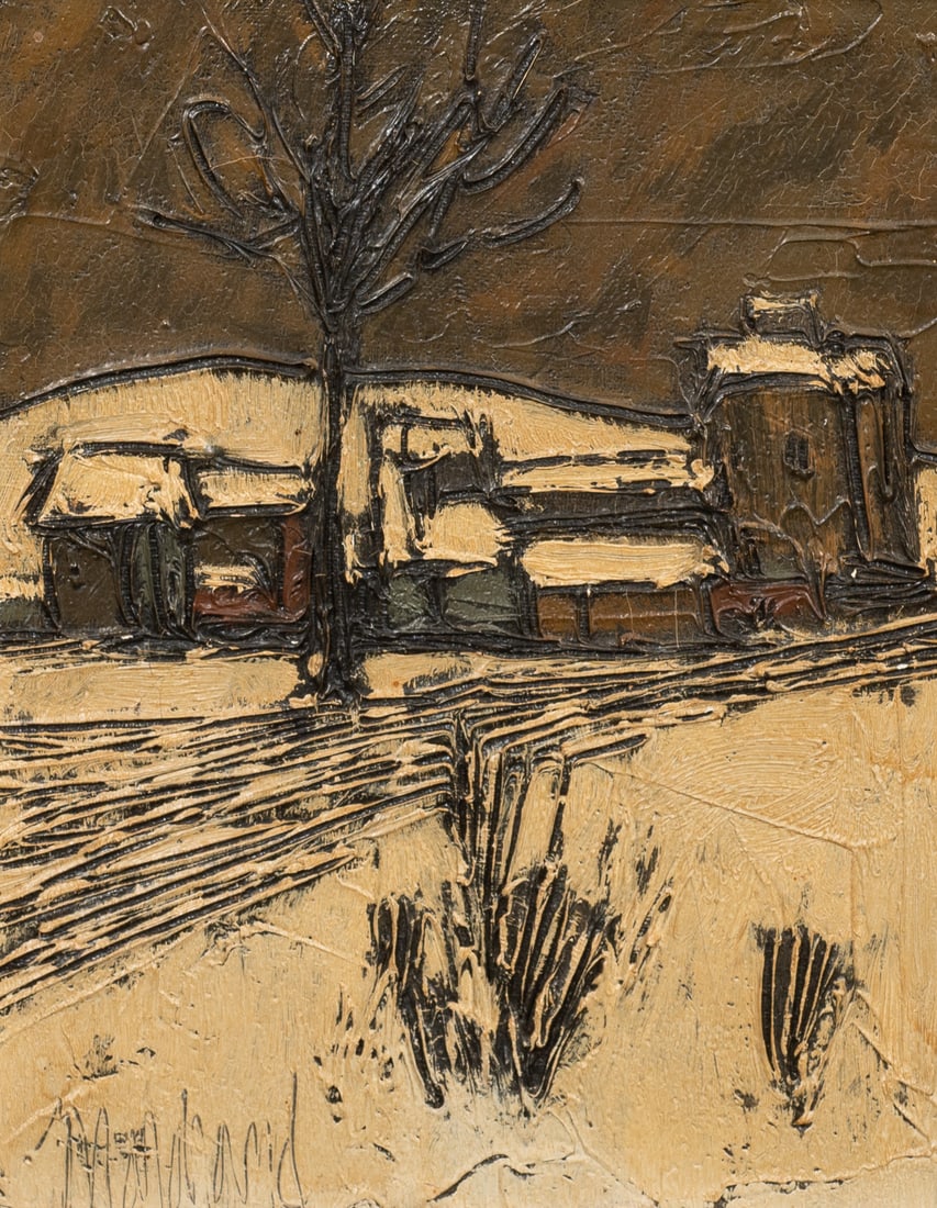 Mid-Century Winter Landscape, Sgd. Marchand.: Artist(s): Unknown, 20th Century. Medium: Oil painting on canvas. Signature(s): "Marchand", lower left. Attributions en verso are not applicable. Paperwork/Provenance: N/A Condition: Craquelure and