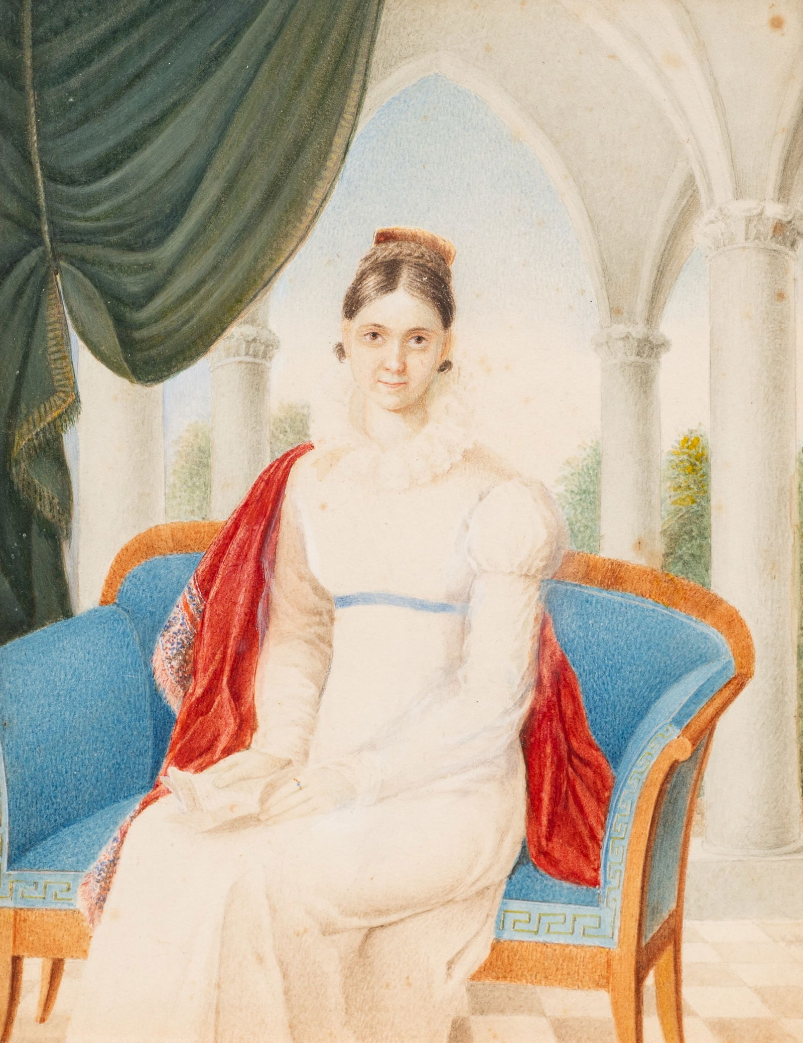 Biedermeier Style Portrait of a Lady, Unsigned.: Paperwork/Provenance: N/A Condition: Scattered foxing to the watercolor painting. Measurement(s): 7 3/4" x 6 1/4" (sight), 10 3/4" x 9" (frame). In-house shipping is available. Please see our website