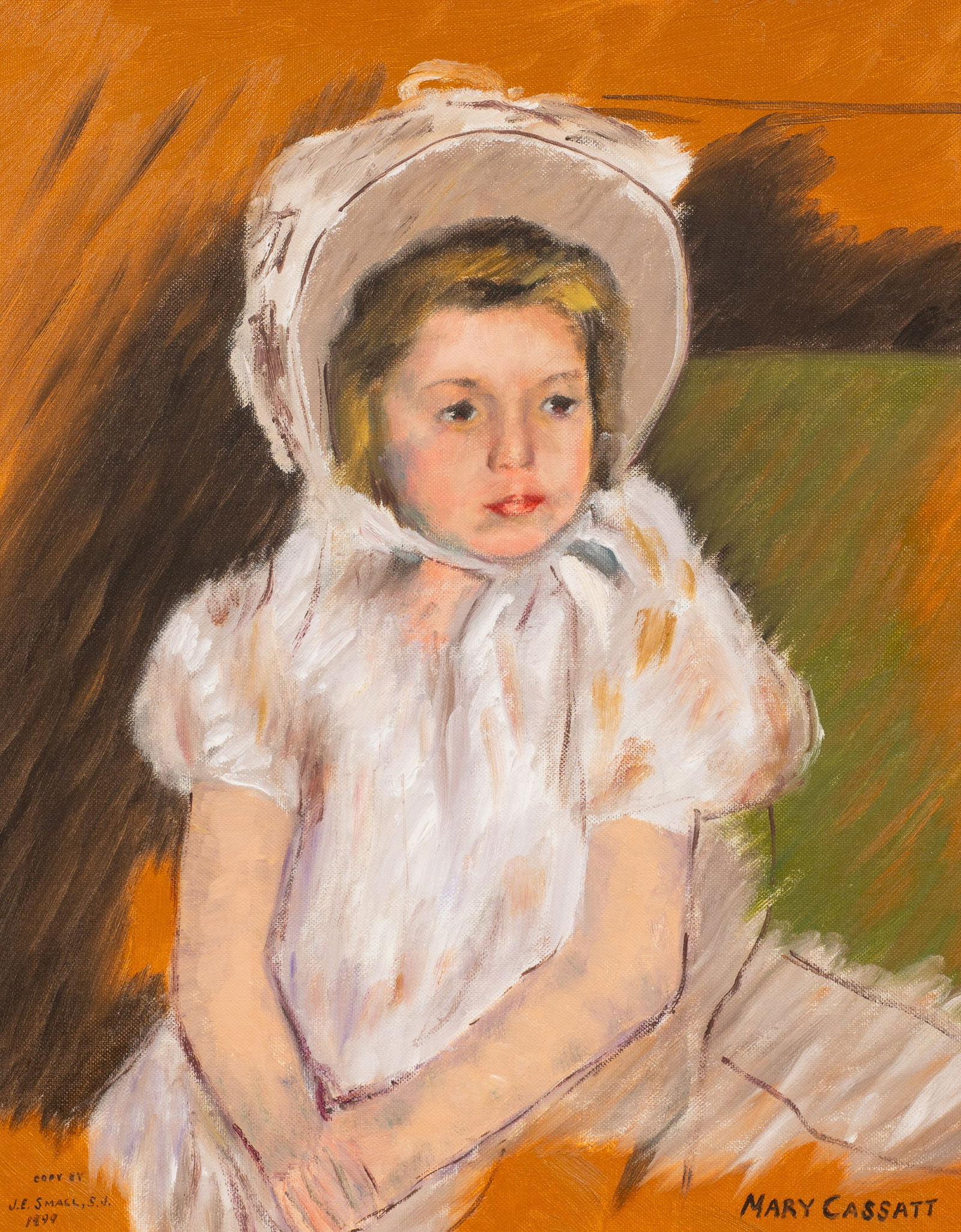 Copy of Cassat's "Simone in a White Dress...": Artist(s): J. E. Small (20th/21st Century). Copy after Mary Cassatt's original pastel. Medium: Oil on canvas board. Signature(s): "Copy by J. E. Small, S. J. / 1999", lower left. Paperwork/Provenance: