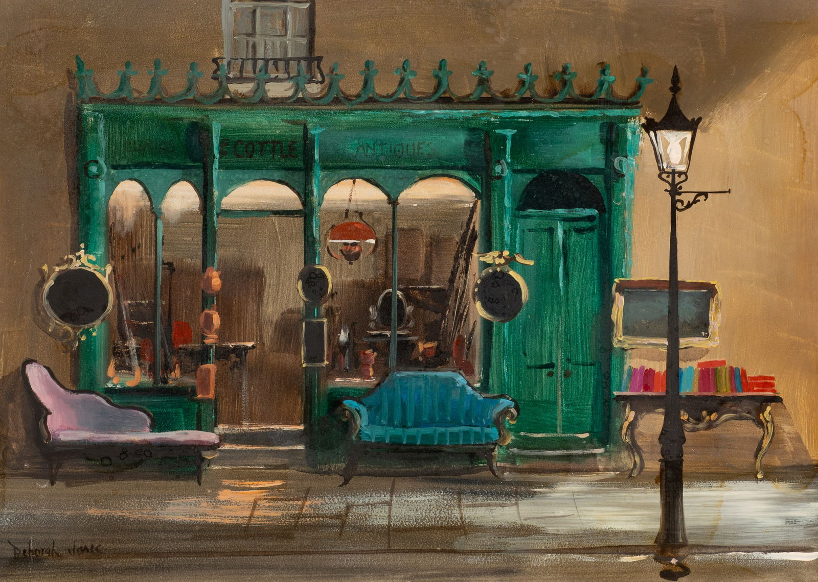 Deborah Jones Painting of Antique Shop.: Artist(s): Deborah Jones (Welsh, 1921-2012). Medium: Oil painting on board. Signature(s): Lower left. Paperwork/Provenance: N/ACondition: A few scattered scuffs, as well as signs of surface grime.