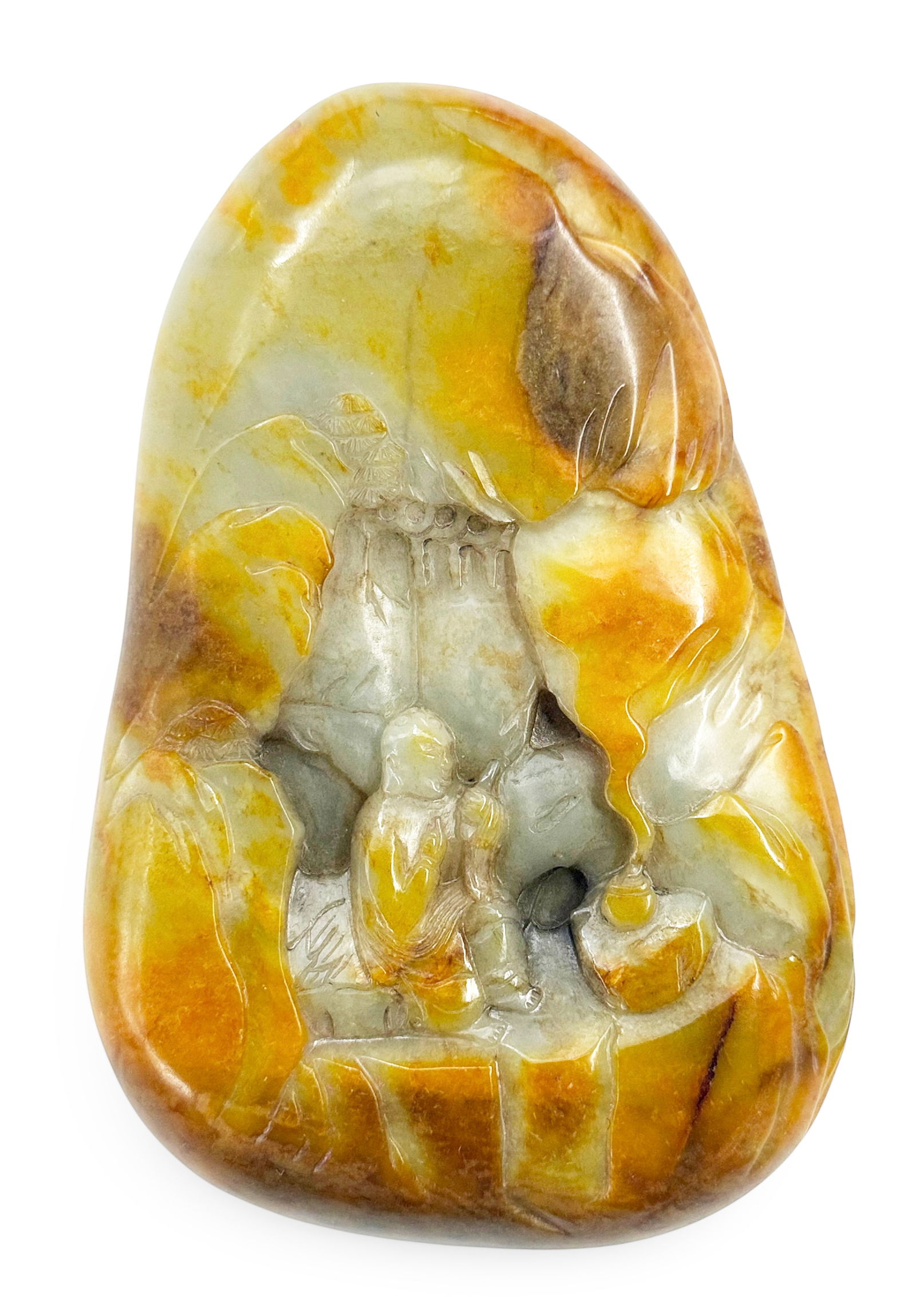 Large Chinese Nephrite Jade Carving.: The carving is of a luohan and a mountain. The piece is in good overall condition. It has a sticker from Hindman Auctions in Chicago. It measures 7" long, 4 1/4" in maximum width, and measures 1 5/8"