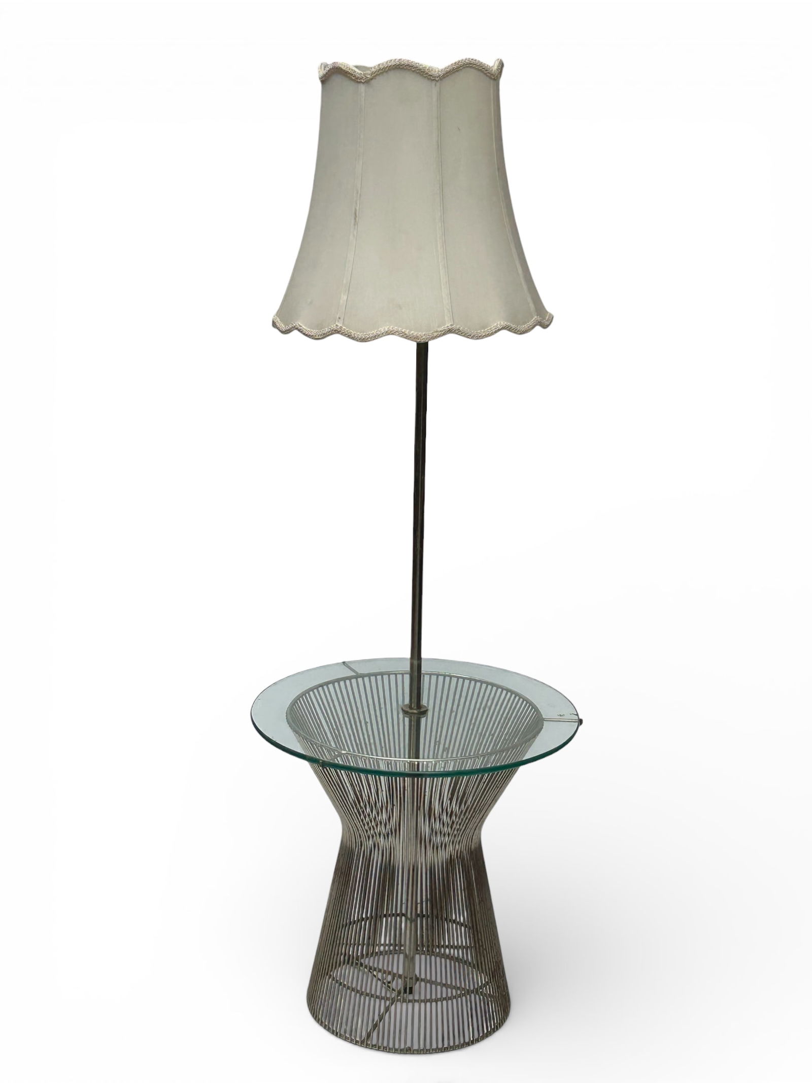 Laurel Floor Lamp / Glass Table Combo.: This Warren Platner style Mid-Century Modern piece has a wire rod table base with a circular glass top. A cloth shade is included. It is unsigned, but is most likely by Laurel Lamp Company. The lamp i