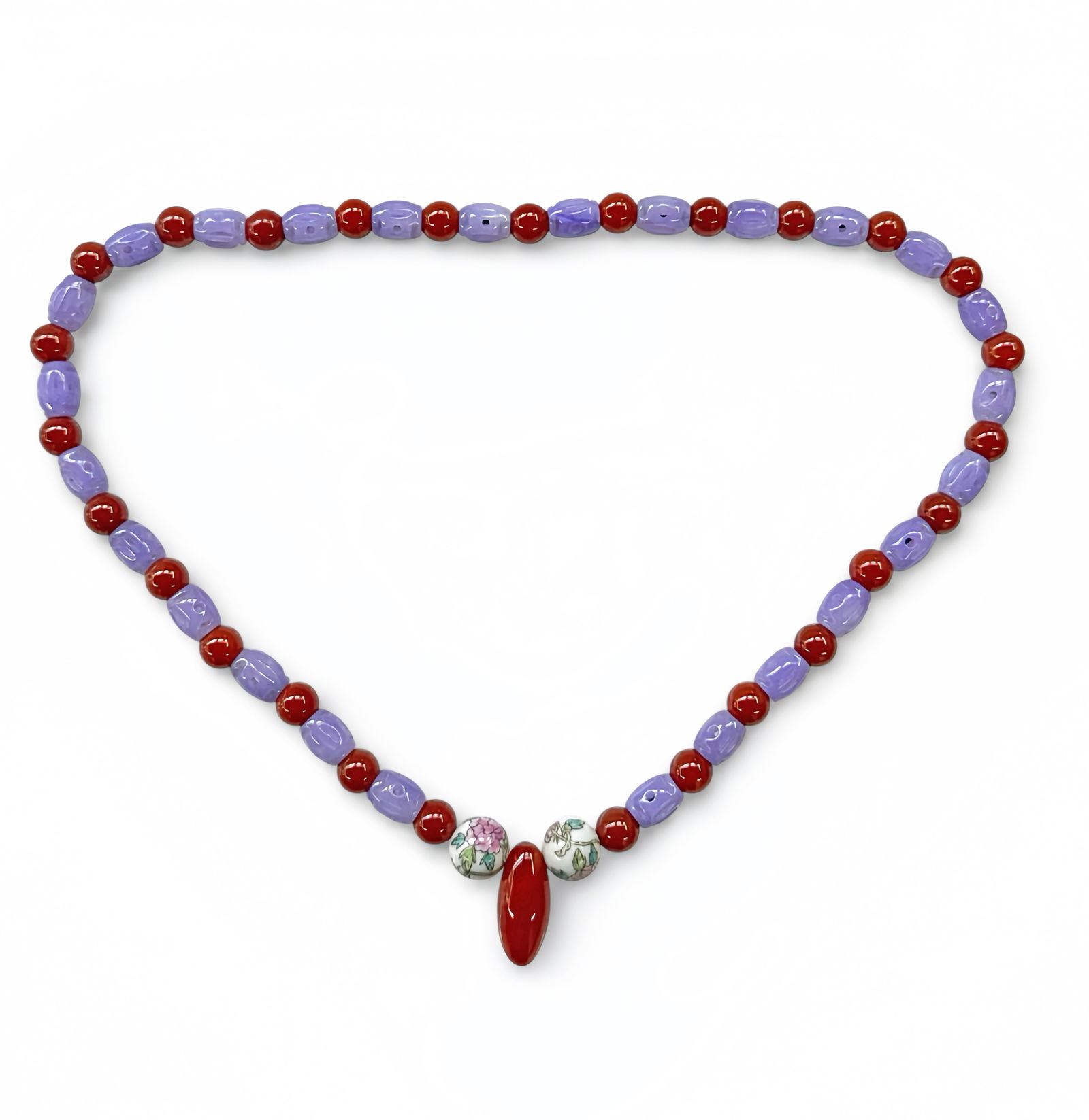 Chinese Carved Lavender Jade & Carnelian Necklace. (1 of 3)