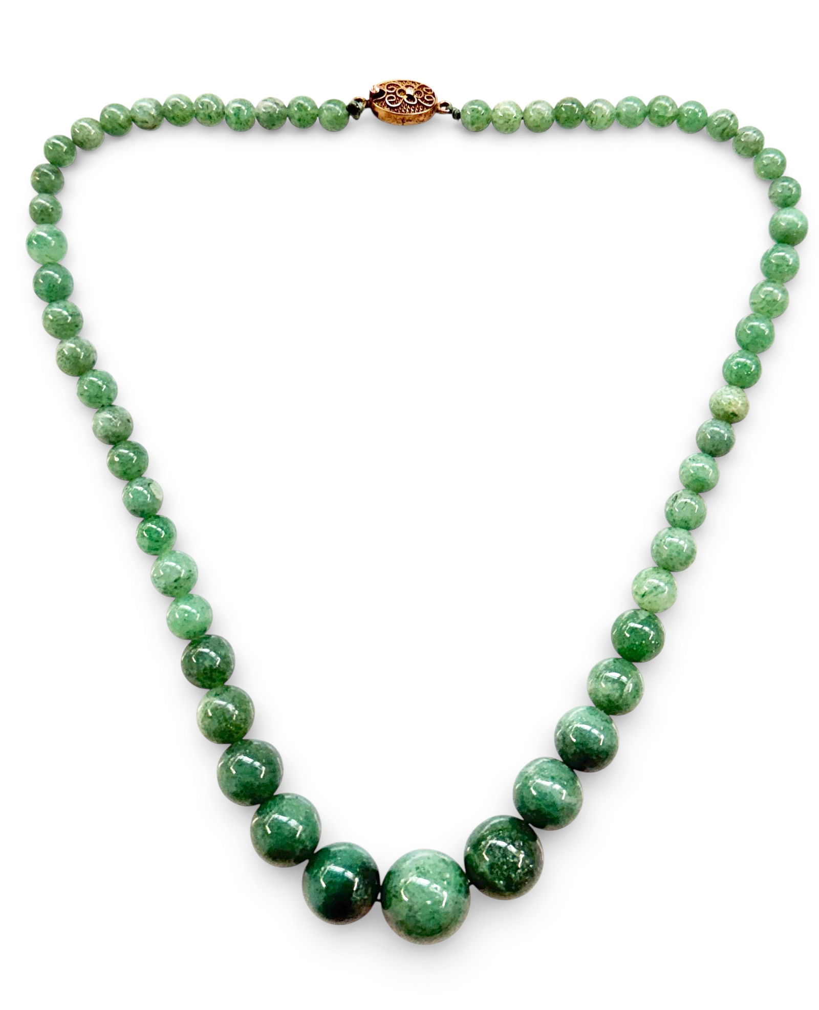 Graduated Jade Necklace w/ Filigree Silver Clasp.: The necklace is marked 925 on the gold tone clasp. The smallest jade beads measure 5 1/2" in diameter, and the largest one measures 14mm in diameter. The necklace measures 16" long. The clasp has