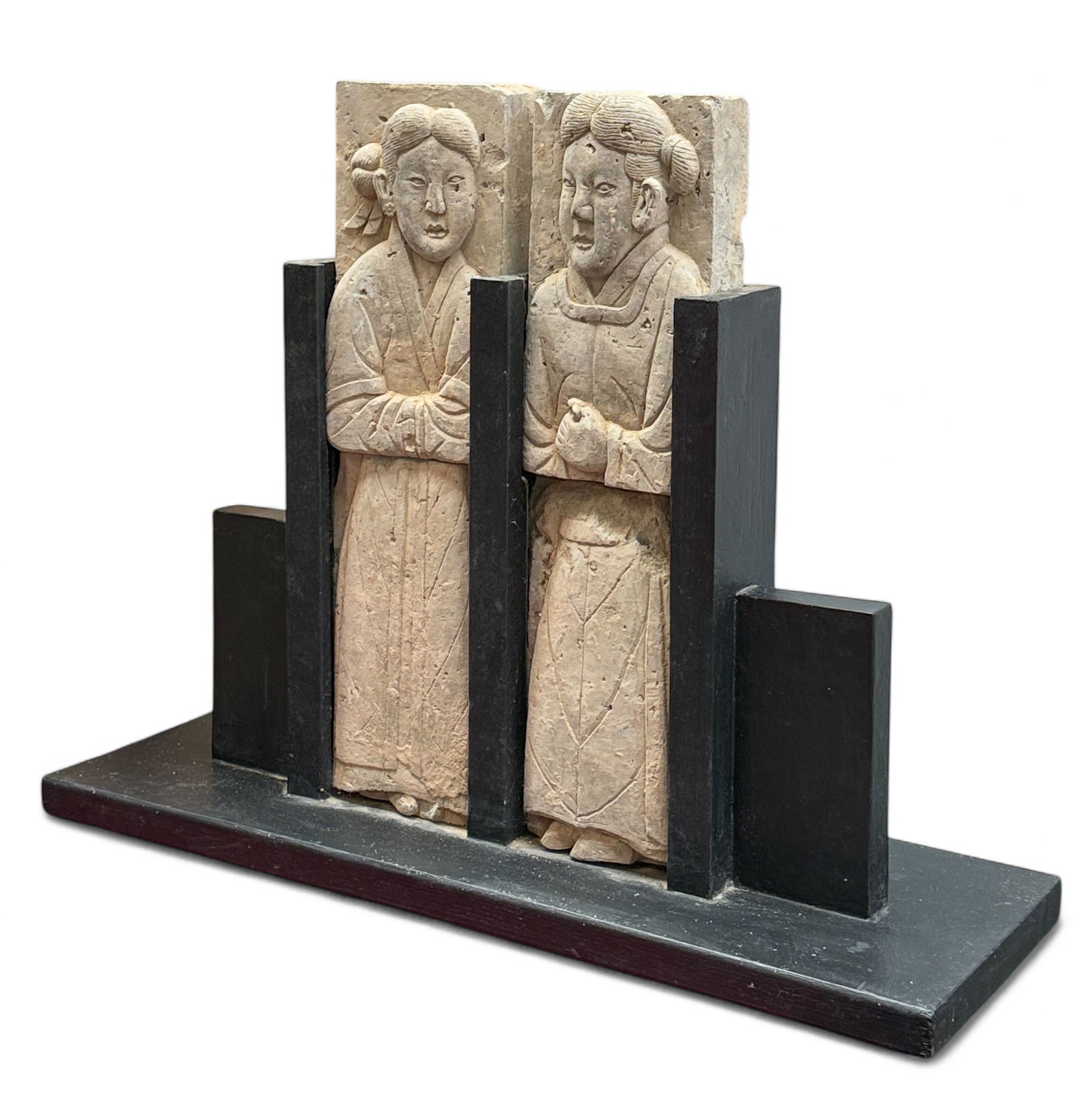 Pair of Brick Carvings of Chinese Figures.: Possibly Song Dynasty? The pair looks to be in good overall condition, with wear to use. The entire unit, including the base, measures 26" tall, 32 3/4" wide, and 11" deep. Each brick measures 24"