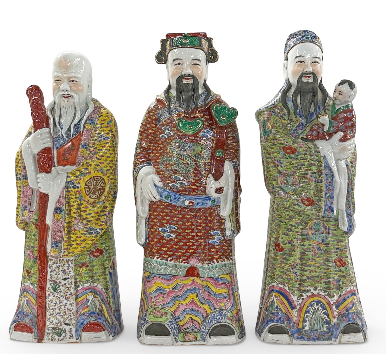 3 Lg. Chinese Porcelain Famille Rose Immortals.: This set of immortals is known as Fu Lu Shou, or "trio of gods". One immortal's moustache is broken and partially missing. Otherwise, the figures look to be in good overall condition. Each is signed o