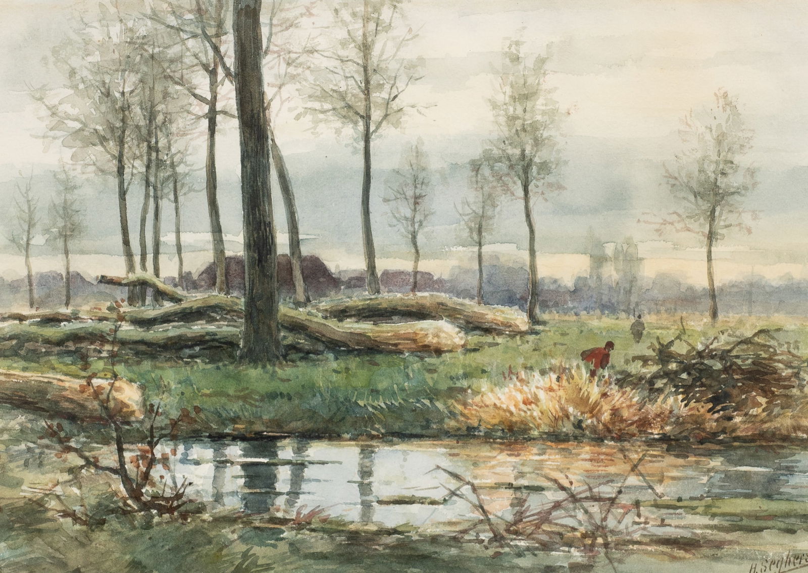 Henri Seghers Painting, Landscape by Creek.: Artist(s): Henri Seghers (Belgian, 1848-1919). Medium: Watercolor painting. Signature(s): "H. Seghers," lower right. Paperwork/Provenance: N/A Condition: Signs of rippling to the sheet.