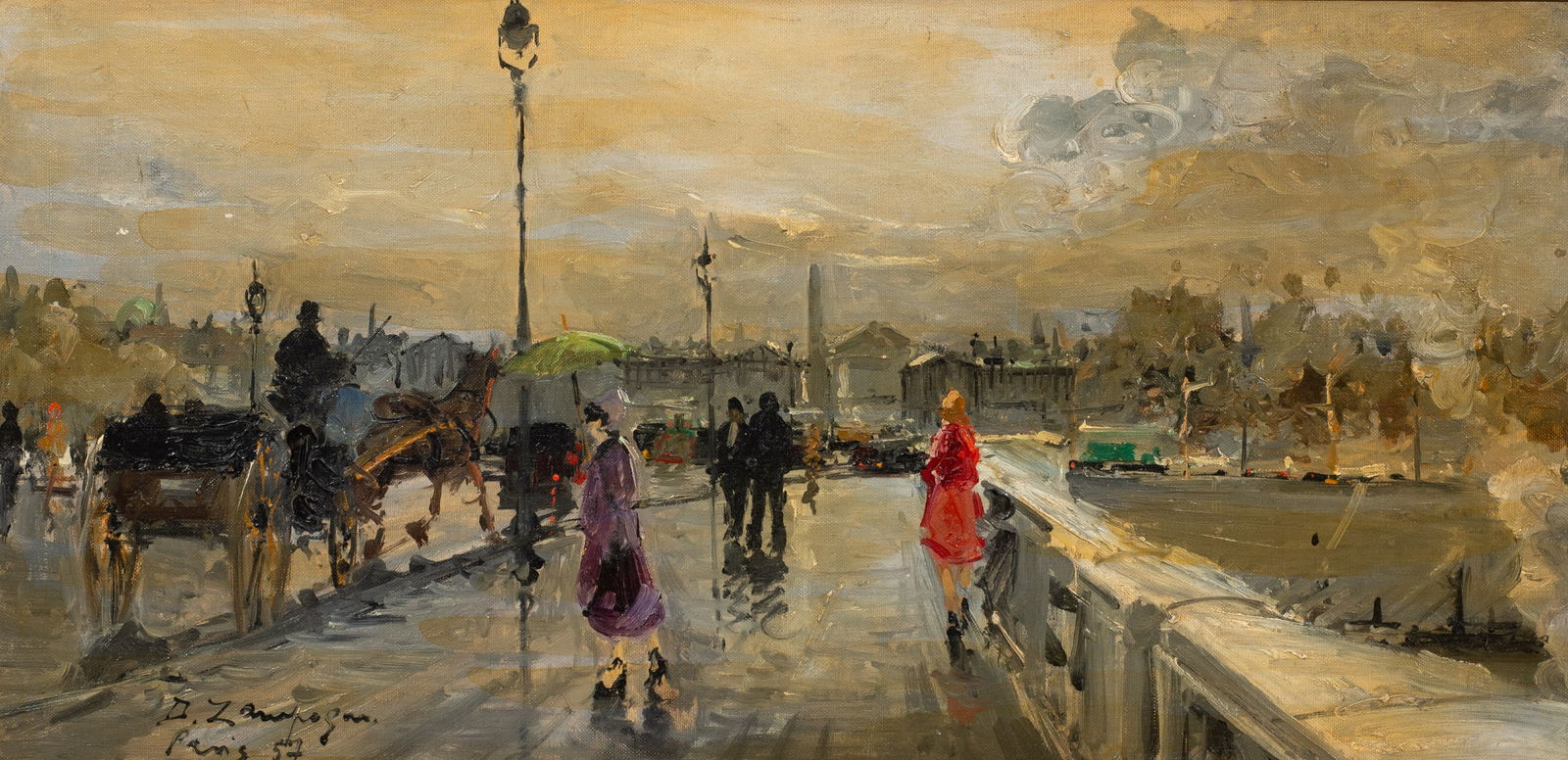 Mid-Century French Street Scene, Dino Zampogna.: Artist(s): Dino Zampogna (Italian, 1926-2016), Pont de la Concorde, Paris. Medium: Oil on canvas. Signature(s): "D. Zampogna / Paris, '57", lower left. Titled and dated en verso. Paperwork/Provenance: