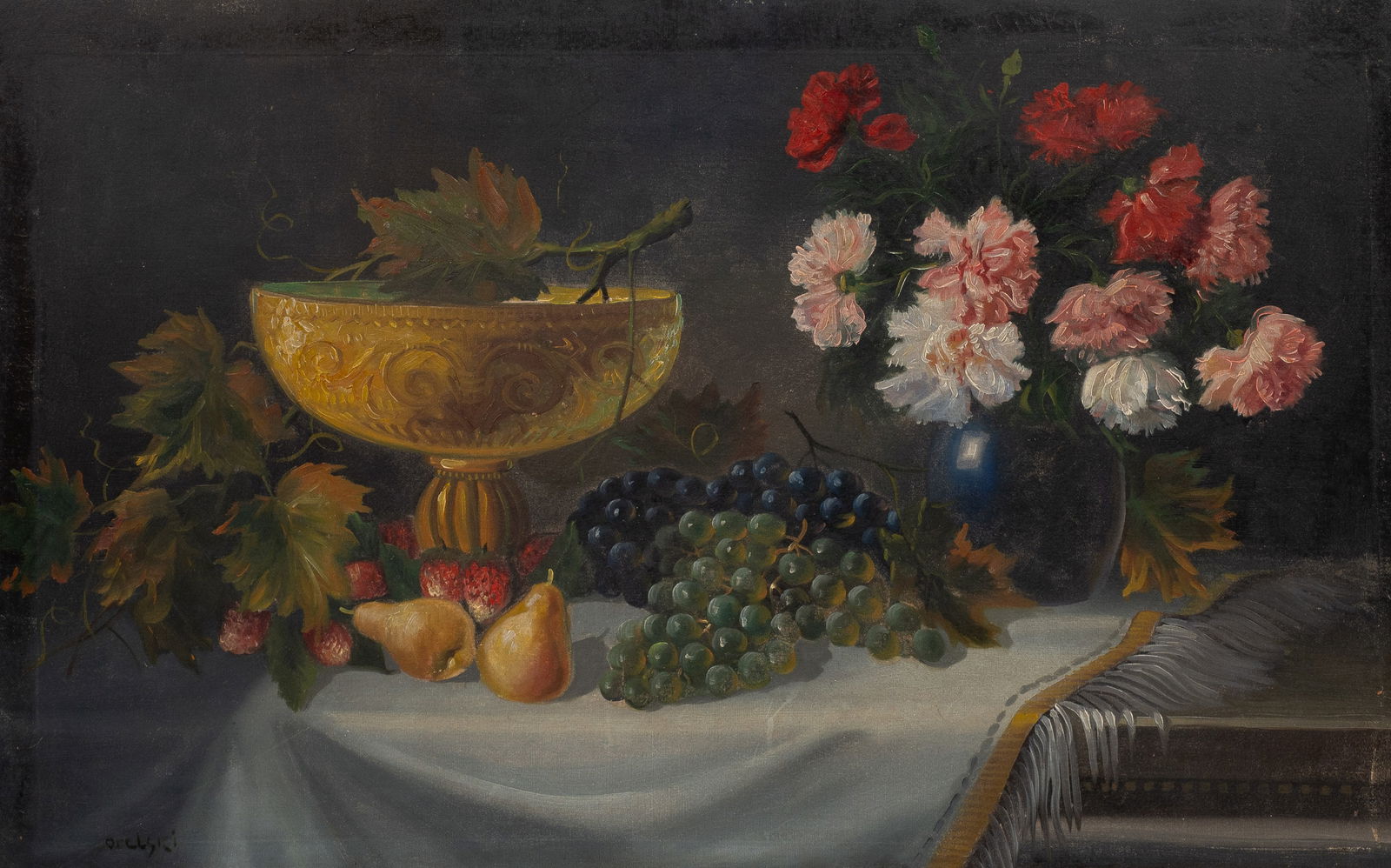 Large Still Life Painting Signed Orelski.: Artist(s): Unknown, 20th Century. Medium: Oil on canvas. Signature(s): "Orelski", lower left. Paperwork/Provenance: N/A Condition: Signs of surface grime and/or darkening varnish. Minor craquelure, vi