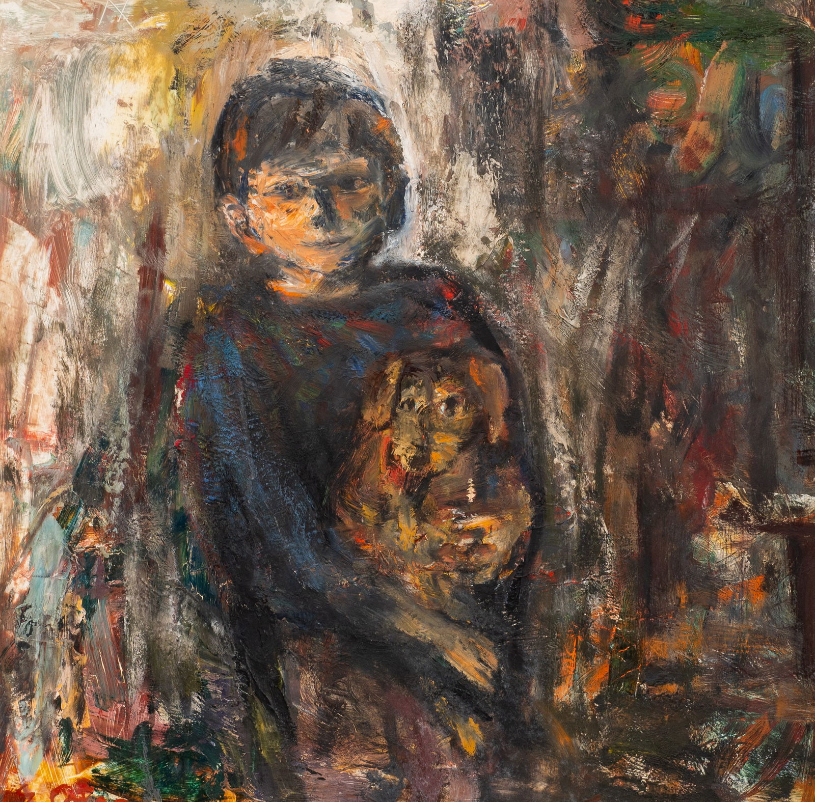 Painting of Boy and Dog by Eleanor Coen.: Artist(s): Eleanor Coen (American, 1916-2010). Medium: Oil painting on board. Signature(s): Lower left. Signed, titled, and dated (1960) on the label en verso. Paperwork/Provenance: Attached en verso