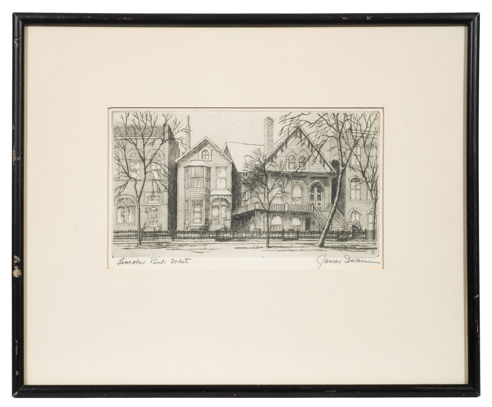 Lincoln Park West, James Swann Etching.: Artist(s): James Swann (American, 1905-1985). Medium: Etching with aquatint. Signature(s): Pencil signed and titled in its lower margin. Image of a swan in-print, lower right. Paperwork/Provenance: N/