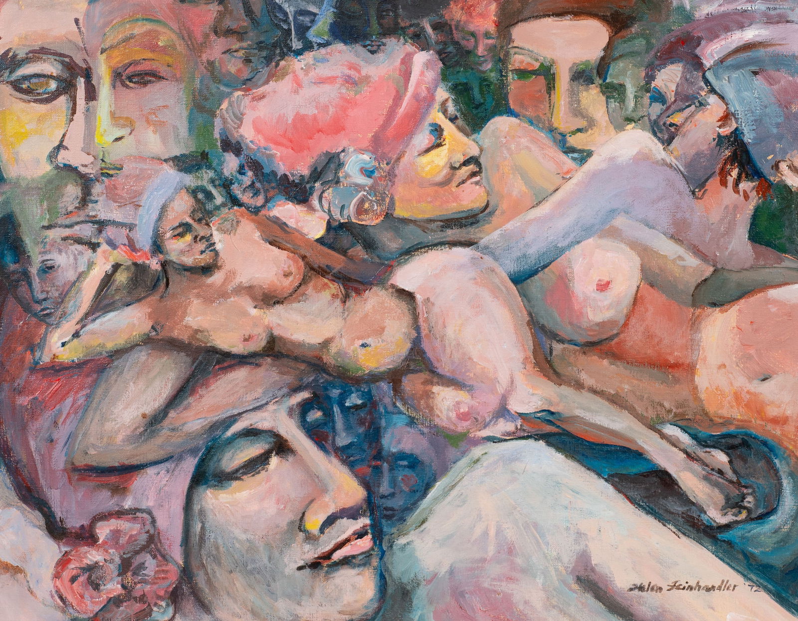 1970's Painting of Nudes, Helen Feinhandler.: Artist(s): Helen Feinhandler (American, 20th century). Medium: Oil painting on canvas board. Signature(s): Lower right. Dated from 1972. Paperwork/Provenance: N/A Condition: Painting is in good overal